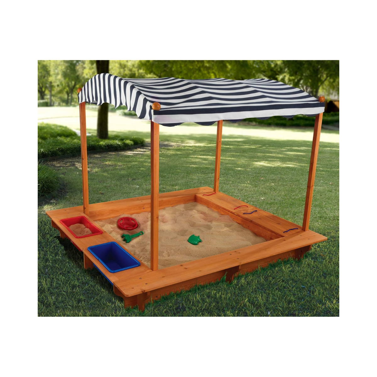 KidKraft 165 Wooden Sandbox with Canopy, Outdoor Sandpit Playset for Kids, Storage Bins, Weather Resistant Wood, Mesh Cover, Garden Sand Toys for Children Ages 3 to 8