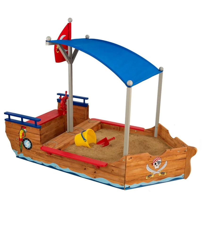 KidKraft Pirate Sand Boat Sandbox with Canopy and Storage, Wooden Outdoor Sand Play Boat for Kids Ages 5 and Up, Weather Resistant Wood, Large Play Area, Pirate Theme
