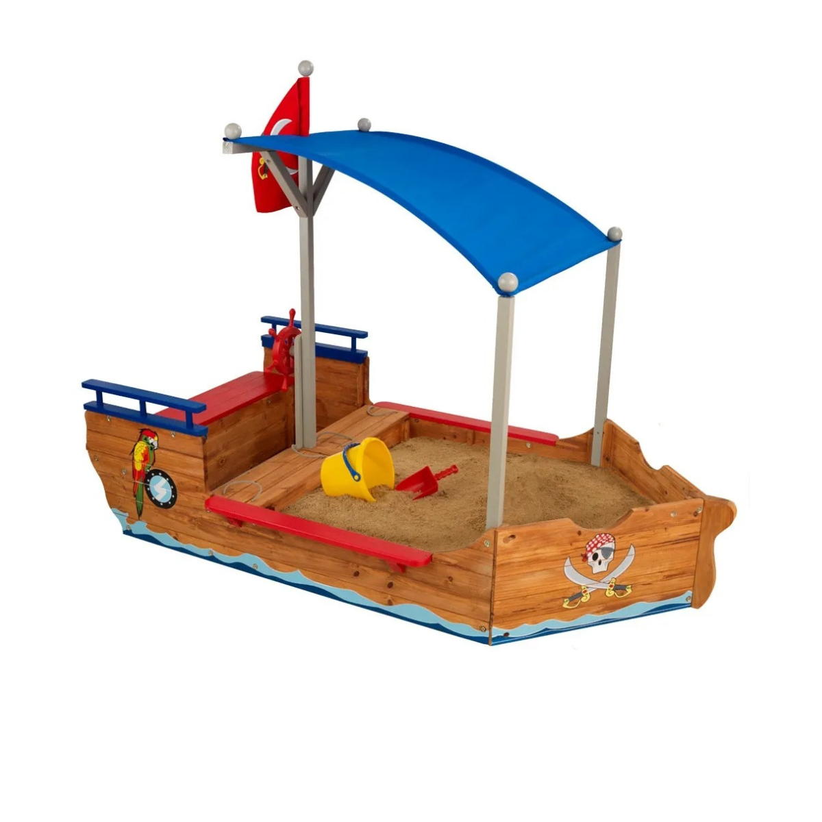KidKraft Pirate Sand Boat Sandbox with Canopy and Storage, Wooden Outdoor Sand Play Boat for Kids Ages 5 and Up, Weather Resistant Wood, Large Play Area, Pirate Theme