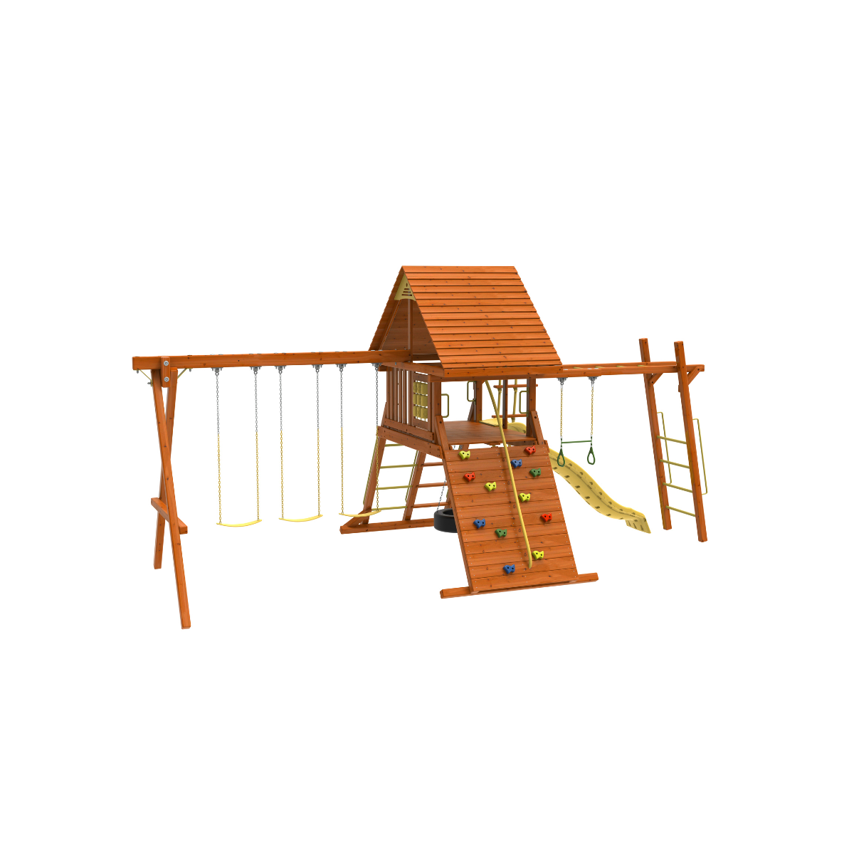 Kiddoro Discovery Den with Monkey Bars Wooden Swing Set, Backyard Playground with Slide, Swings, Climbing Wall & Clubhouse, Kids 2+ Years