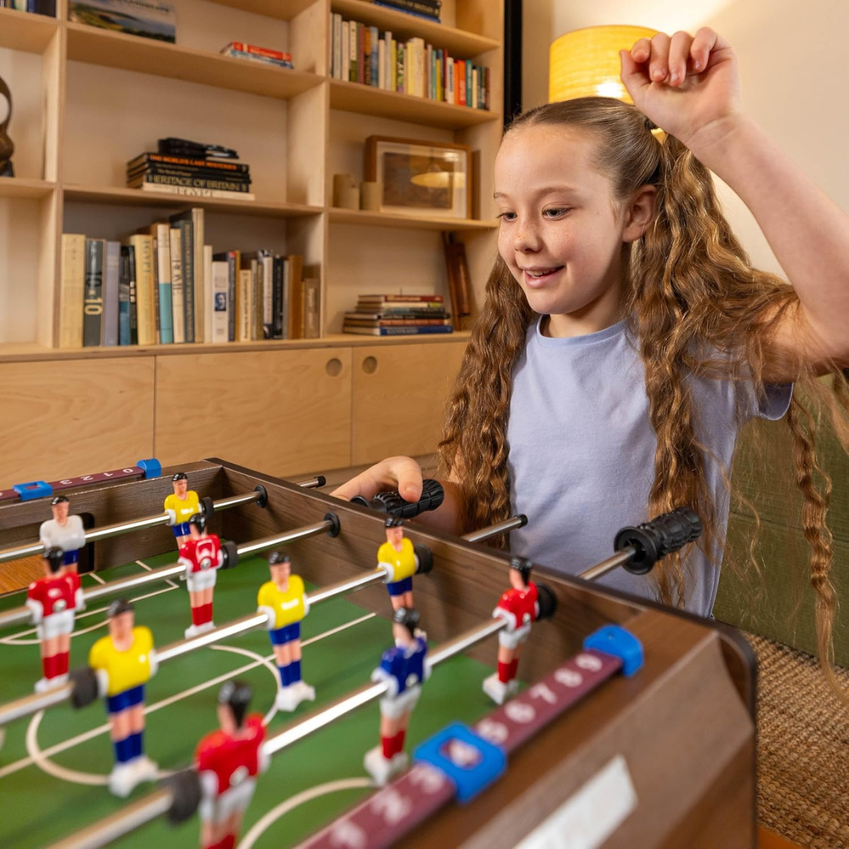 Power Play TY5893DB Table Top Football Foosball Game, 20 Inch Compact Game Table for Boys and Girls 5+, Sturdy Wooden Construction, Smooth Rotating Rods, Manual Score Tracker, Indoor Family Fun