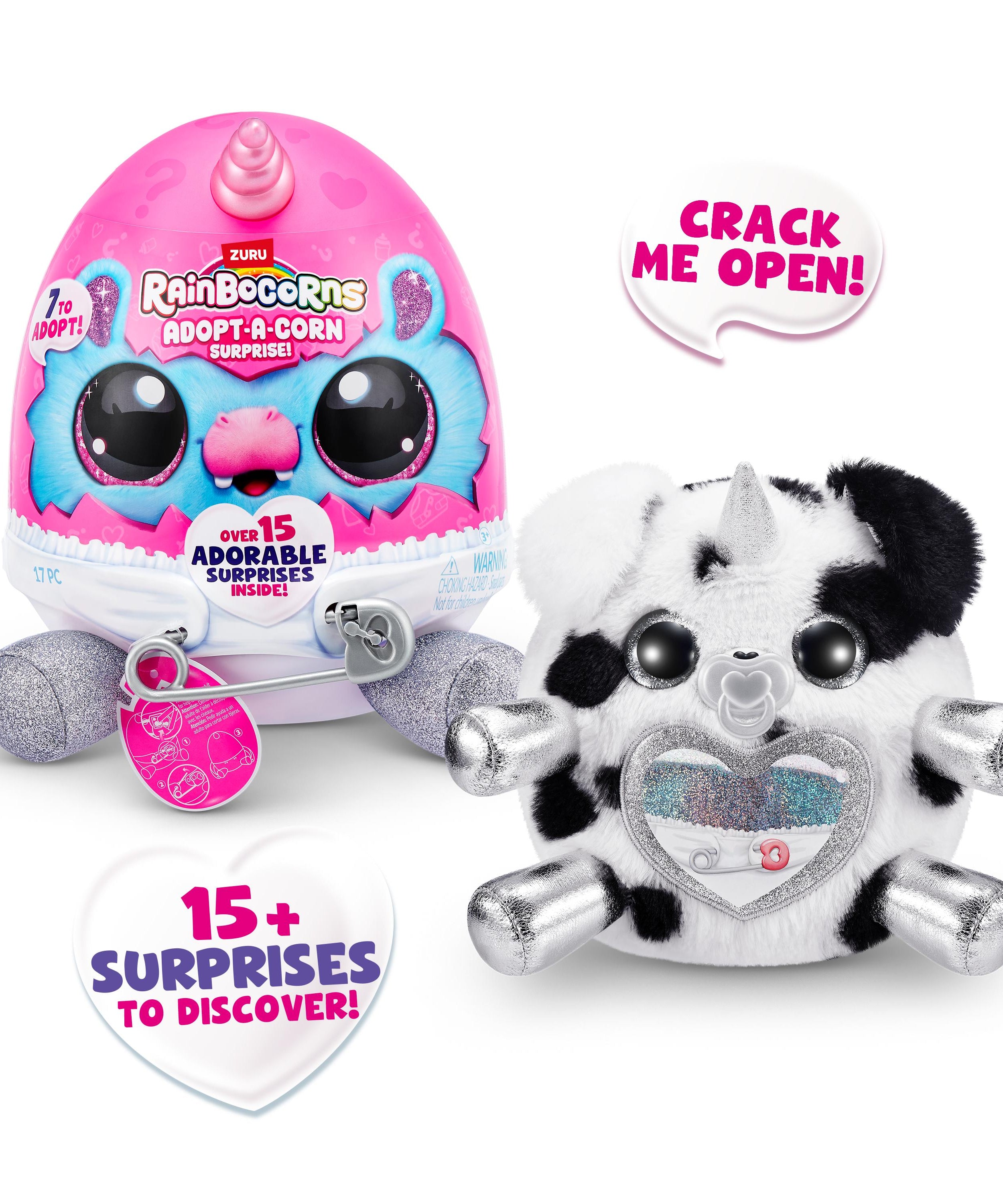 Rainbocorns Adopt-A-Corns Baby Plush Assorted Newborn Surprise Toy with 15+ Surprises, Diaper Egg, Pacifier & Adoption Certificate, Collect All 7 Cute Characters, Gift for Girls Ages 3+