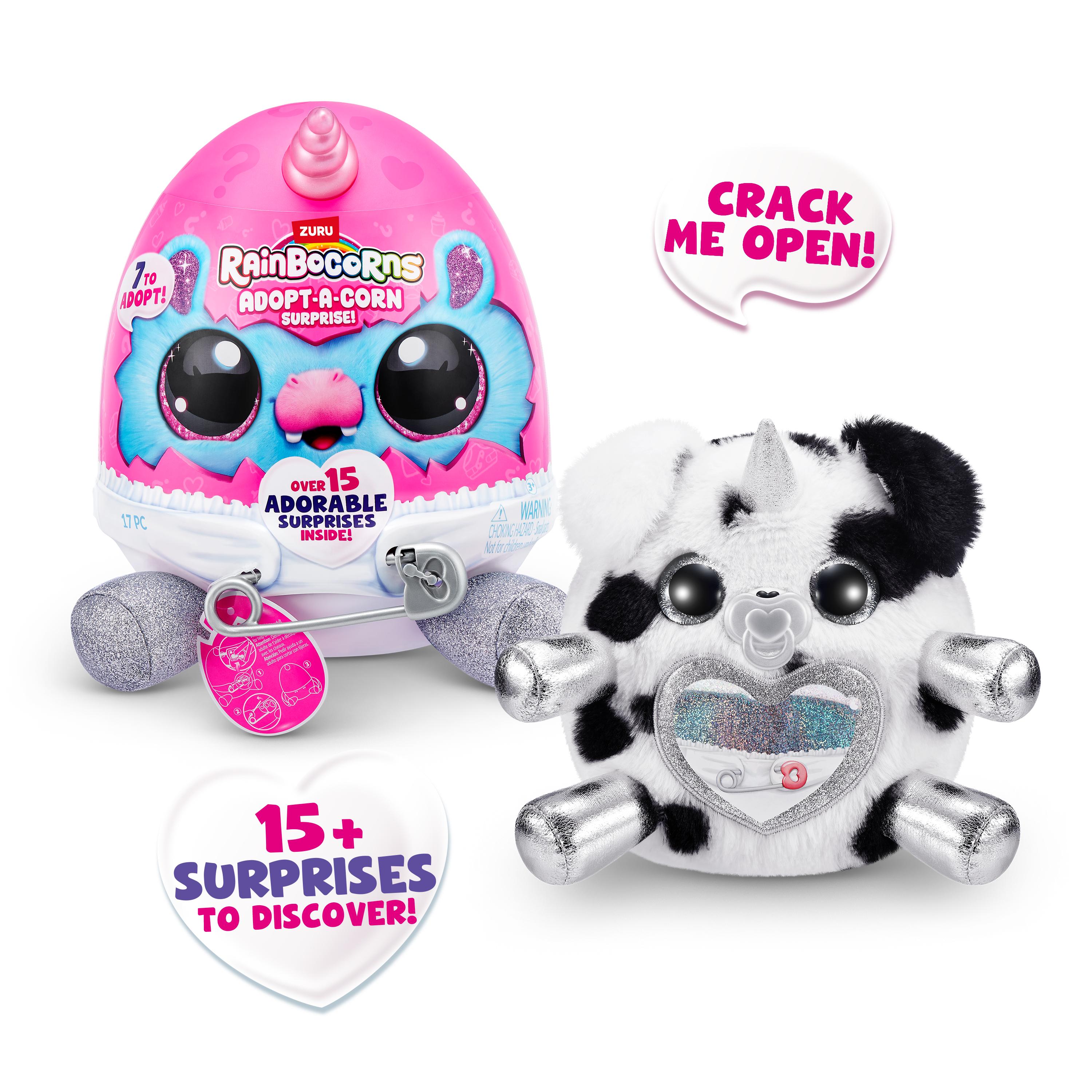 Rainbocorns Adopt-A-Corns Baby Plush Assorted Newborn Surprise Toy with 15+ Surprises, Diaper Egg, Pacifier & Adoption Certificate, Collect All 7 Cute Characters, Gift for Girls Ages 3+