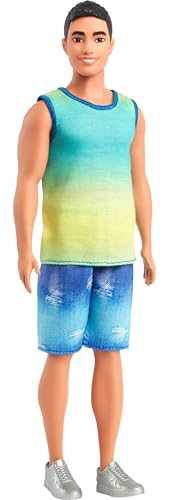 Barbie Fashionistas Ken Doll #236 with Black Hair, Wearing Blue and Green Ombre Tank with Jean Shorts and Silver Sneakers