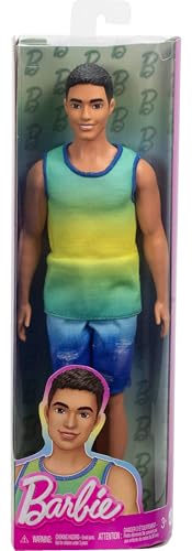 Barbie Fashionistas Ken Doll #236 with Black Hair, Wearing Blue and Green Ombre Tank with Jean Shorts and Silver Sneakers