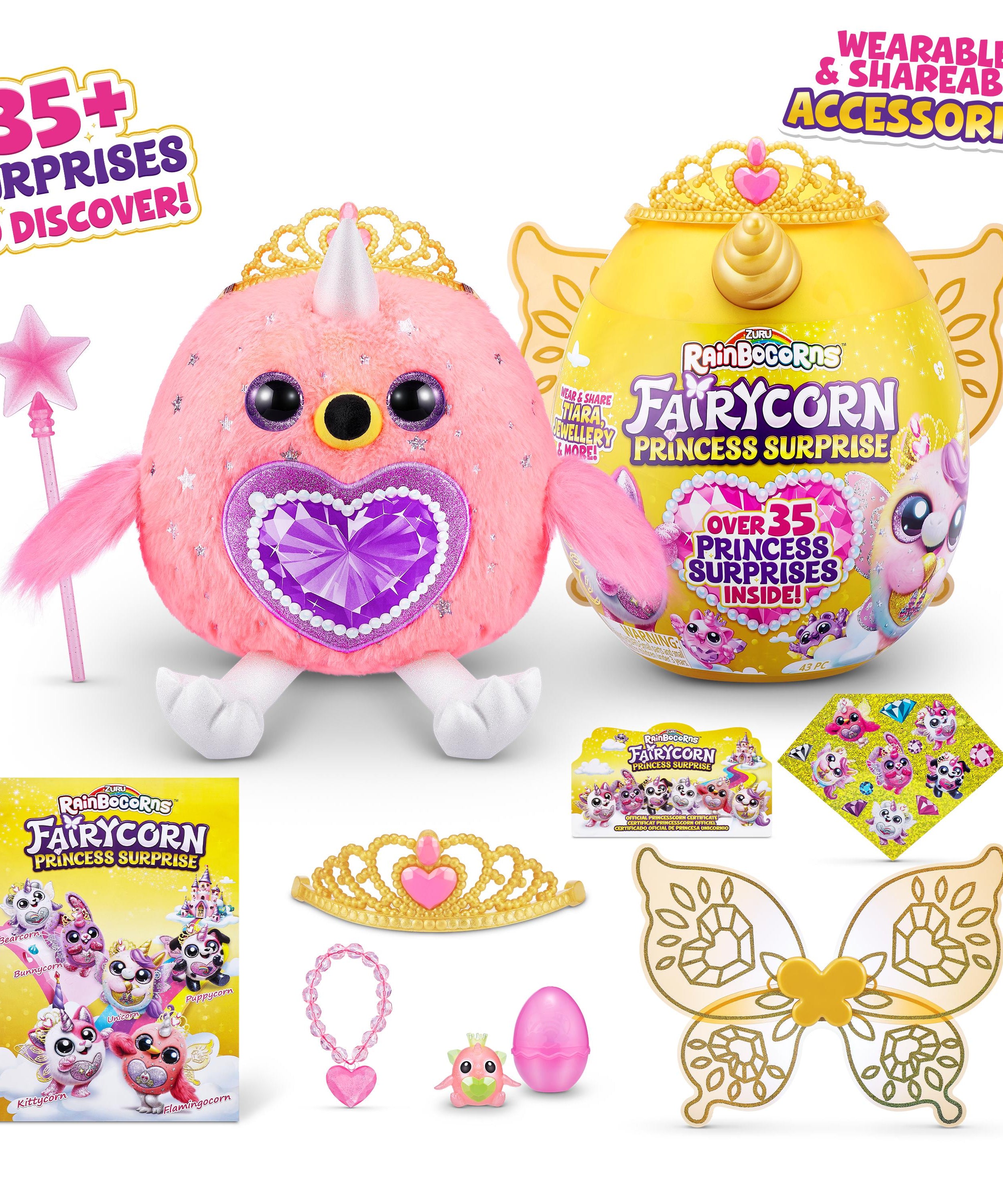 Rainbocorns Fairycorn Princess Surprise (Puppy) 11" Collectible Plush Toy with 35+ Surprises, Fairy Wings, Tiara, Wand, Boo-Boocorn, and Surprise Egg, Soft Toy for Girls Ages 3+