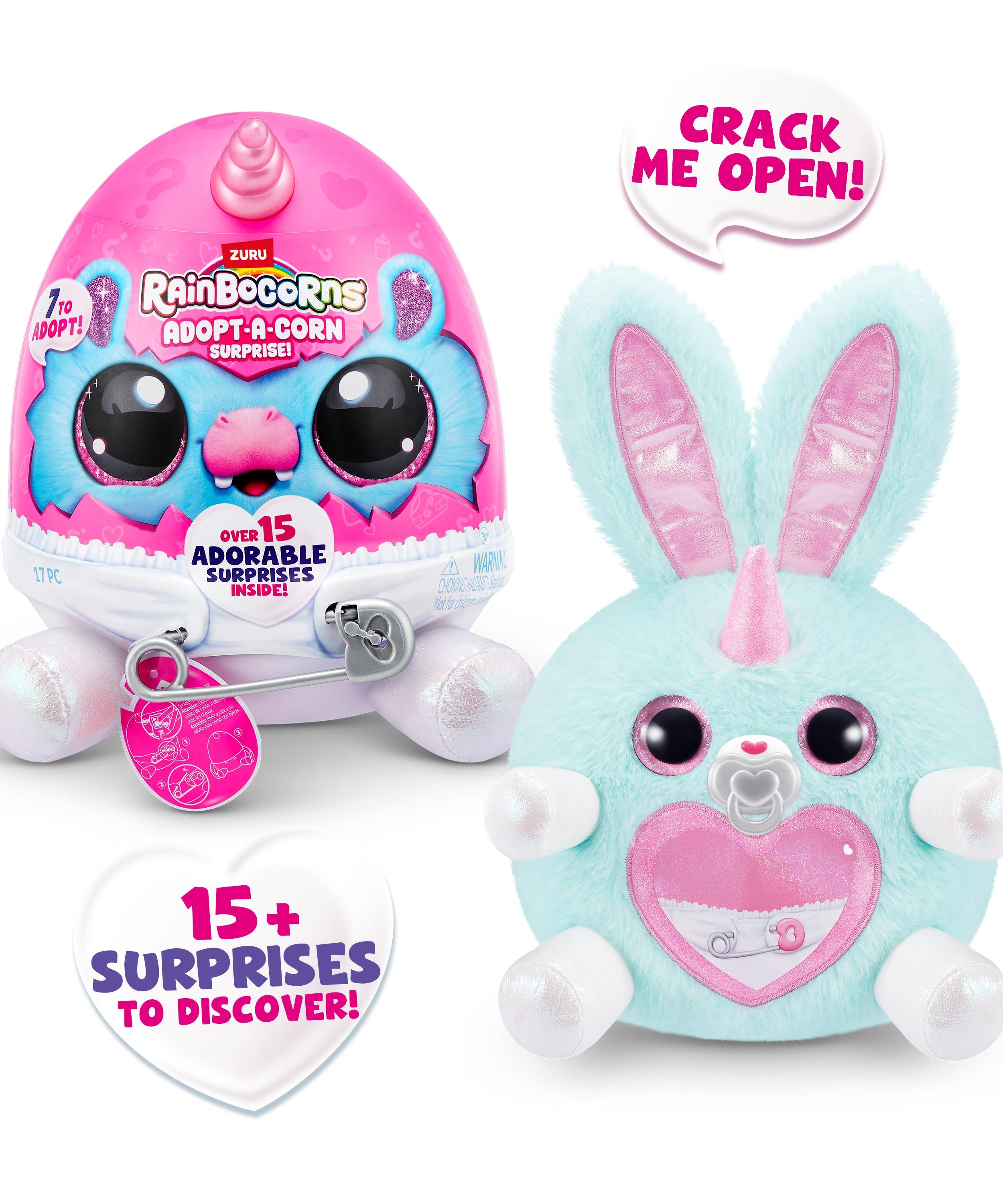 Rainbocorns Adopt-A-Corns Baby Plush Assorted Newborn Surprise Toy with 15+ Surprises, Diaper Egg, Pacifier & Adoption Certificate, Collect All 7 Cute Characters, Gift for Girls Ages 3+