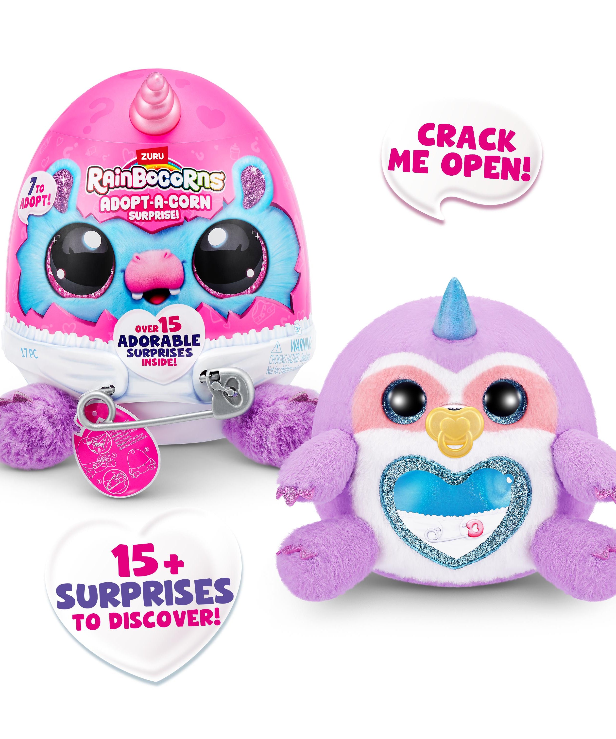 Rainbocorns Adopt-A-Corns Baby Plush Assorted Newborn Surprise Toy with 15+ Surprises, Diaper Egg, Pacifier & Adoption Certificate, Collect All 7 Cute Characters, Gift for Girls Ages 3+