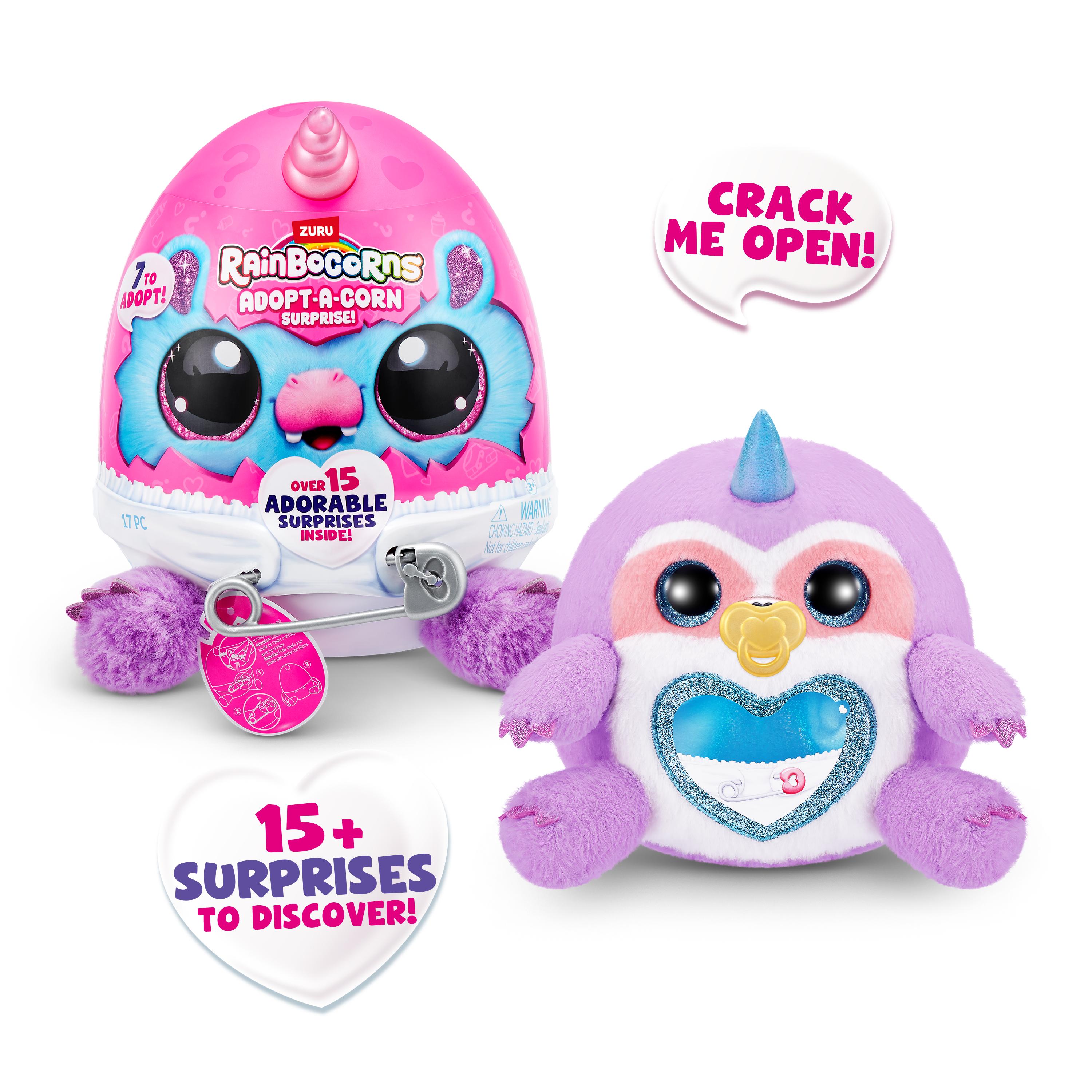 Rainbocorns Adopt-A-Corns Baby Plush Assorted Newborn Surprise Toy with 15+ Surprises, Diaper Egg, Pacifier & Adoption Certificate, Collect All 7 Cute Characters, Gift for Girls Ages 3+