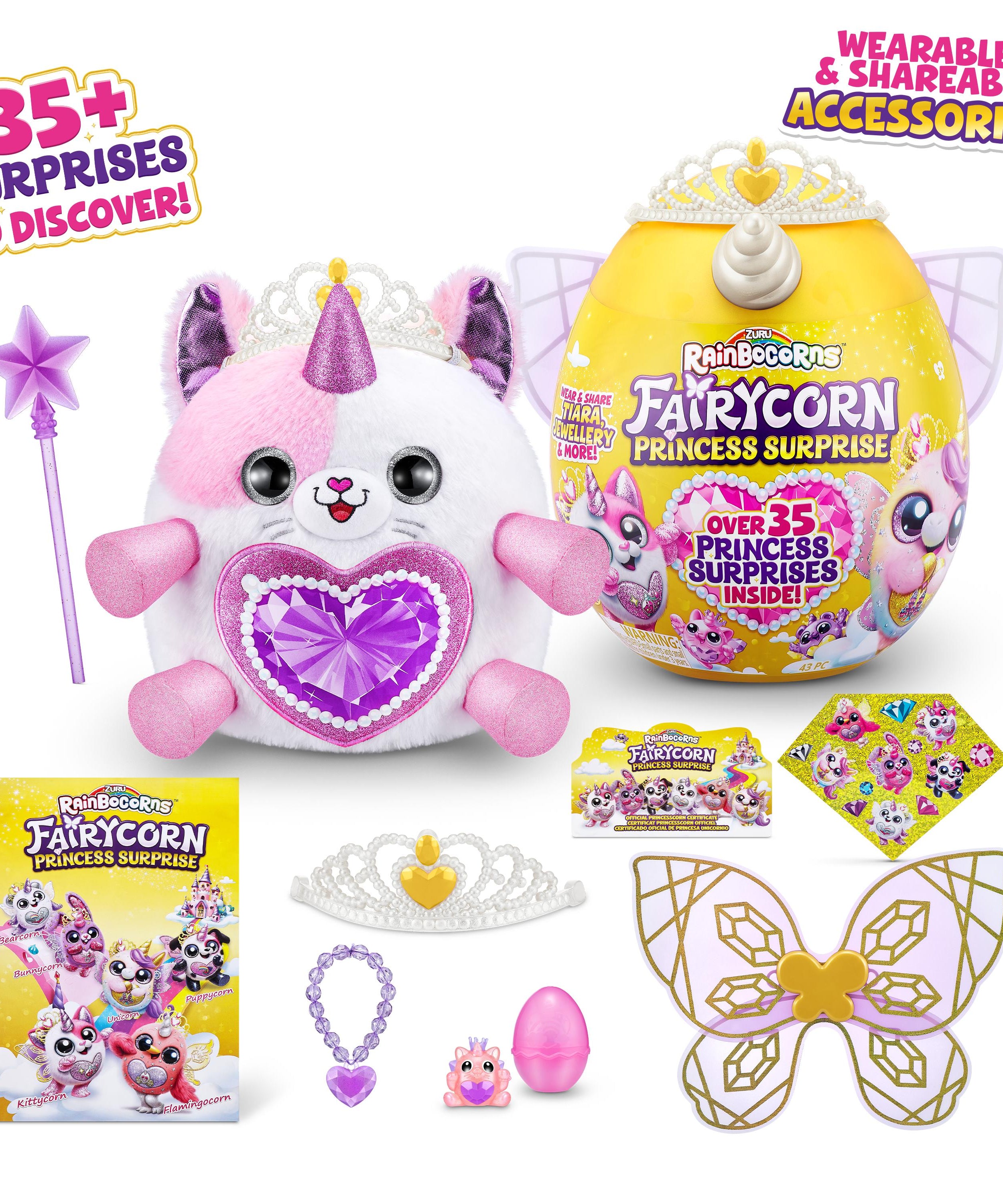Rainbocorns Fairycorn Princess Surprise (Puppy) 11" Collectible Plush Toy with 35+ Surprises, Fairy Wings, Tiara, Wand, Boo-Boocorn, and Surprise Egg, Soft Toy for Girls Ages 3+