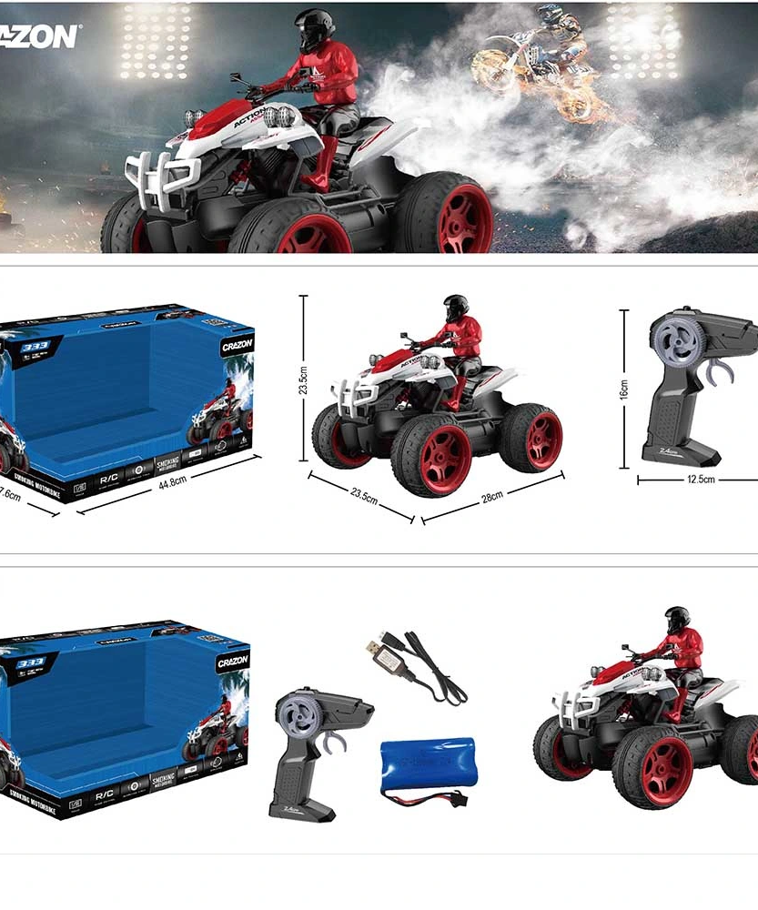 Crazon 1:16 Smoking Quad Bike RC, 4WD Stunt Motorcycle with Lights Smoke 20kmh Speed 25m Range for Kids Boys