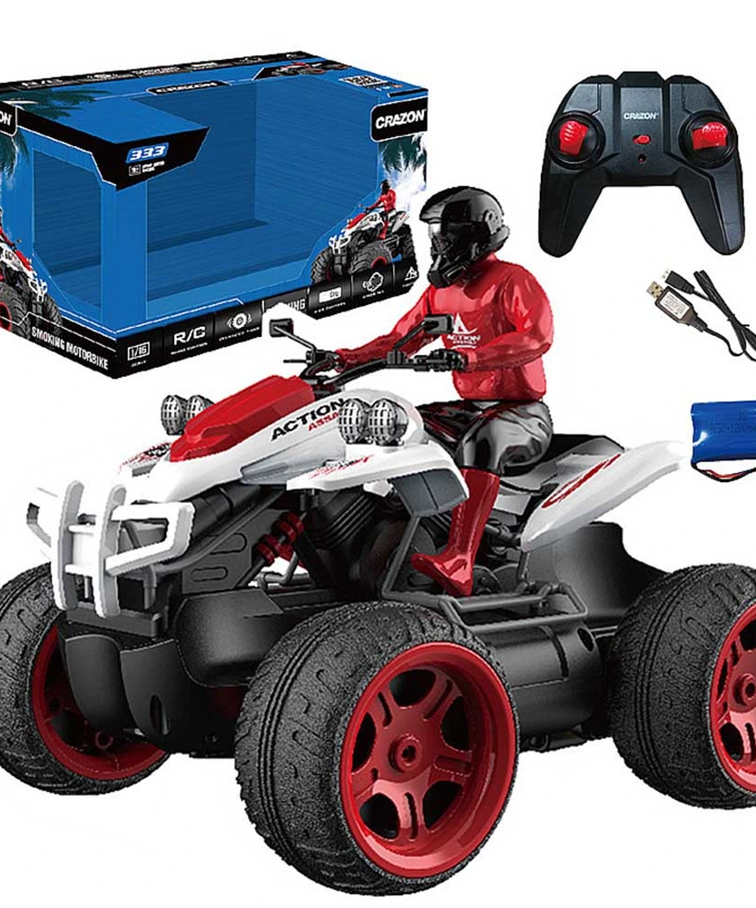 Crazon 1:16 Smoking Quad Bike RC, 4WD Stunt Motorcycle with Lights Smoke 20kmh Speed 25m Range for Kids Boys