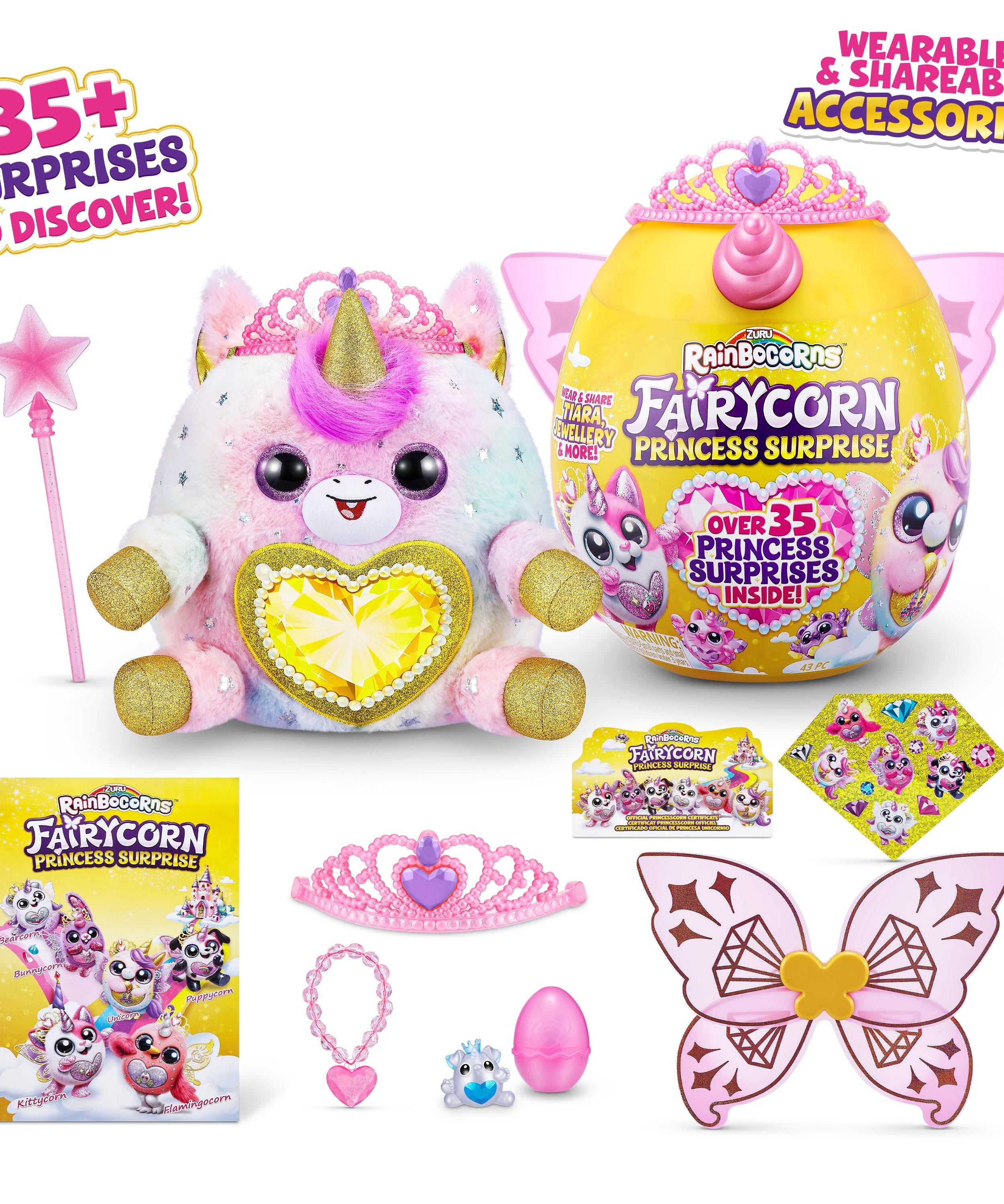 Rainbocorns Fairycorn Princess Surprise (Puppy) 11" Collectible Plush Toy with 35+ Surprises, Fairy Wings, Tiara, Wand, Boo-Boocorn, and Surprise Egg, Soft Toy for Girls Ages 3+