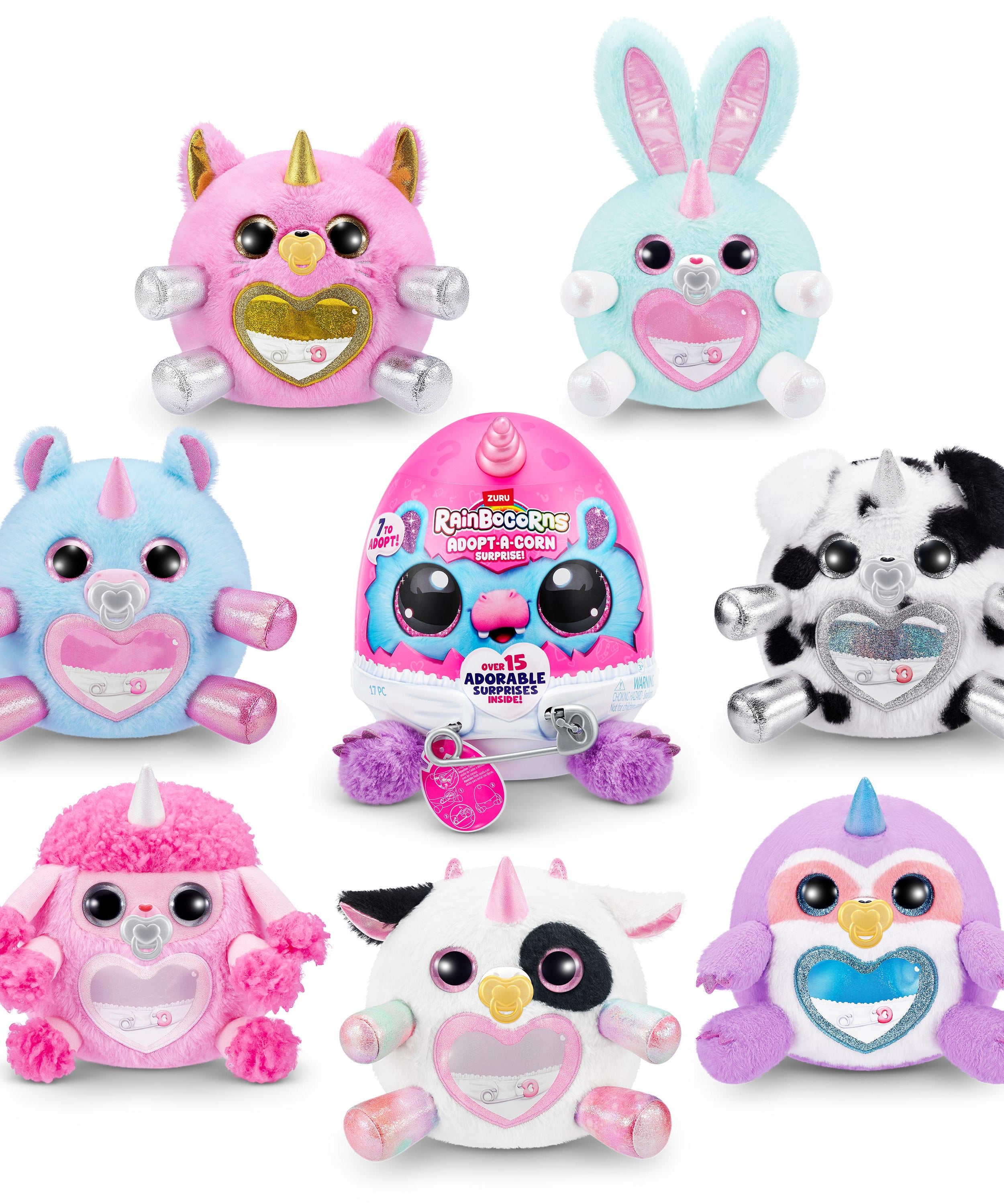 Rainbocorns Adopt-A-Corns Baby Plush Assorted Newborn Surprise Toy with 15+ Surprises, Diaper Egg, Pacifier & Adoption Certificate, Collect All 7 Cute Characters, Gift for Girls Ages 3+