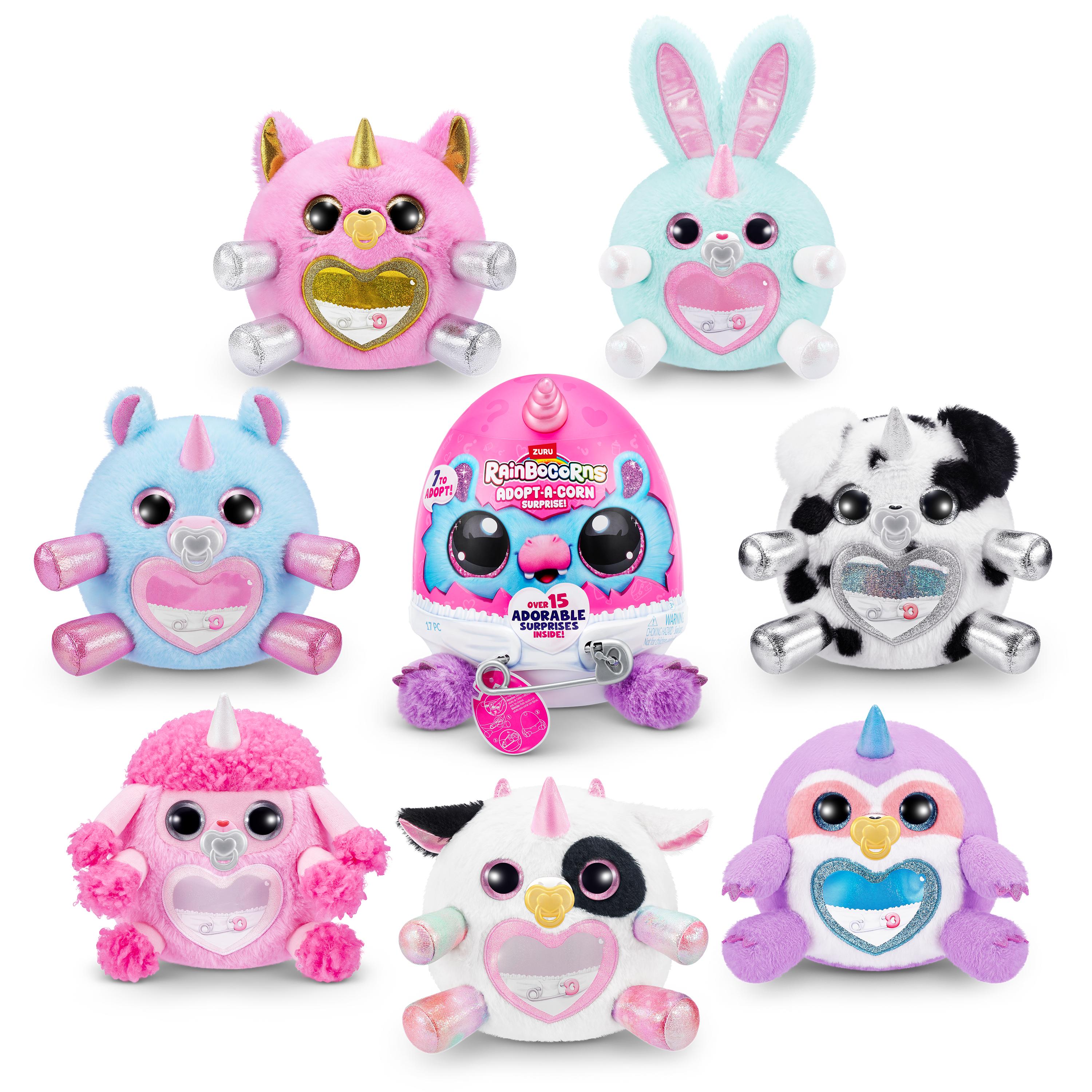 Rainbocorns Adopt-A-Corns Baby Plush Assorted Newborn Surprise Toy with 15+ Surprises, Diaper Egg, Pacifier & Adoption Certificate, Collect All 7 Cute Characters, Gift for Girls Ages 3+