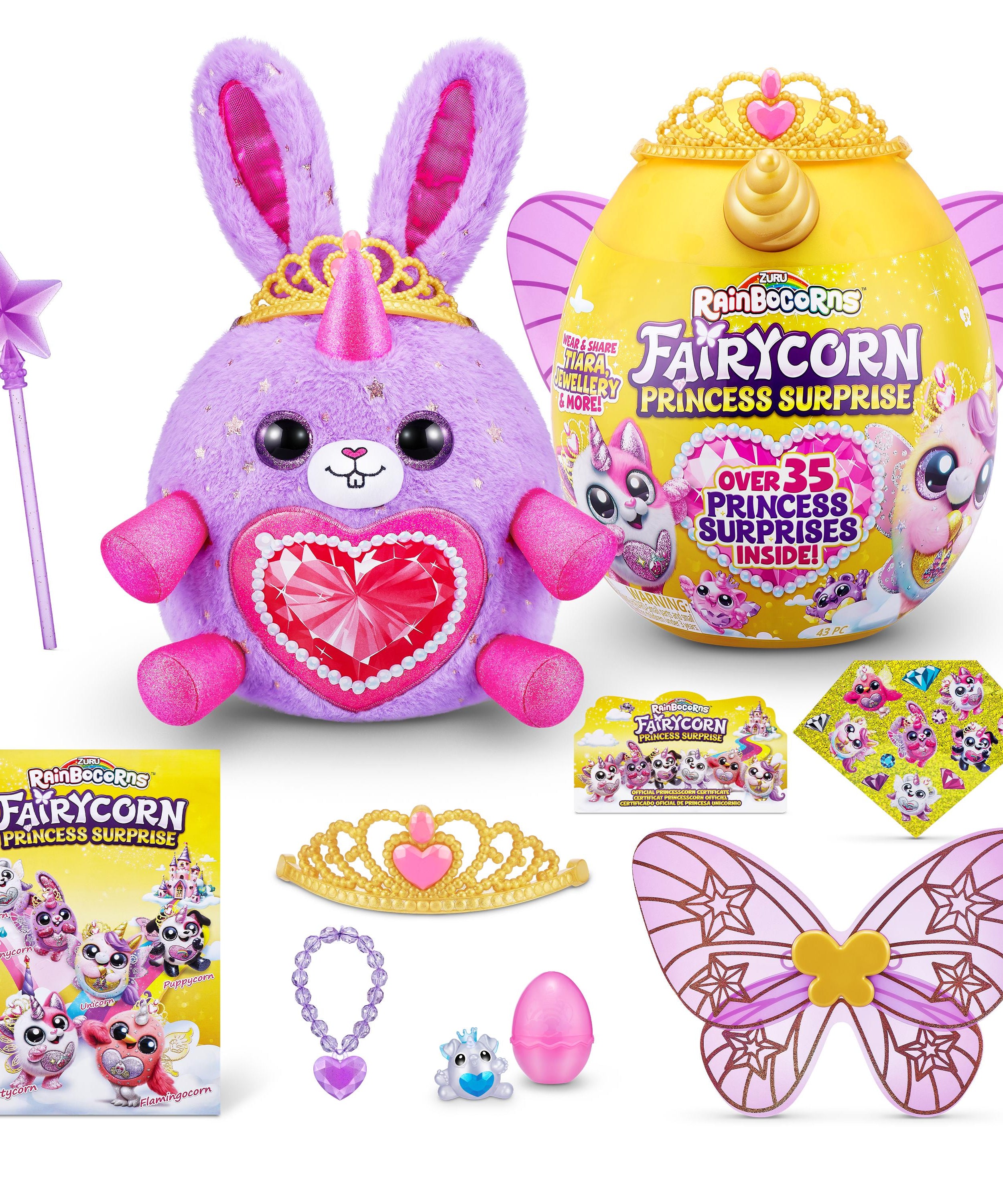 Rainbocorns Fairycorn Princess Surprise (Puppy) 11" Collectible Plush Toy with 35+ Surprises, Fairy Wings, Tiara, Wand, Boo-Boocorn, and Surprise Egg, Soft Toy for Girls Ages 3+