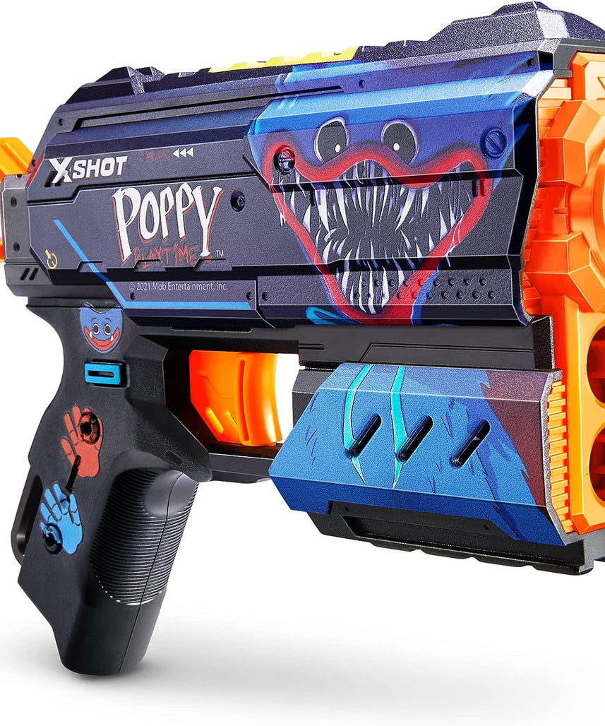 XSHOT Skins Flux, Poppy Playtime Jumpscare Edition (8 Darts), Foam Dart Blaster with Air Pocket Dart Technology, Shoots up to 27m, Collectible Toy Gun for Kids Ages 8+, Boys, Girls, Teens