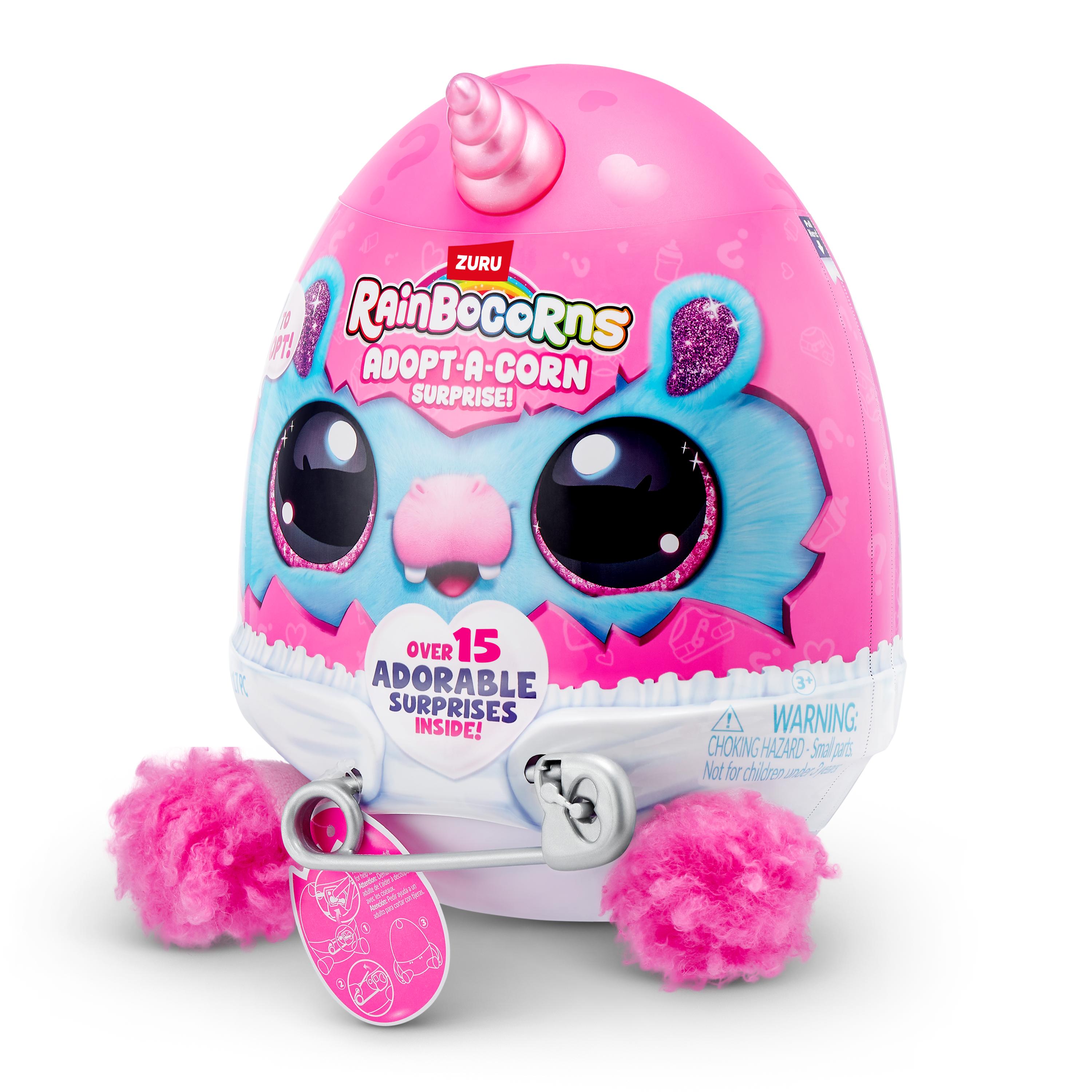 Rainbocorns Adopt-A-Corns Baby Plush Assorted Newborn Surprise Toy with 15+ Surprises, Diaper Egg, Pacifier & Adoption Certificate, Collect All 7 Cute Characters, Gift for Girls Ages 3+