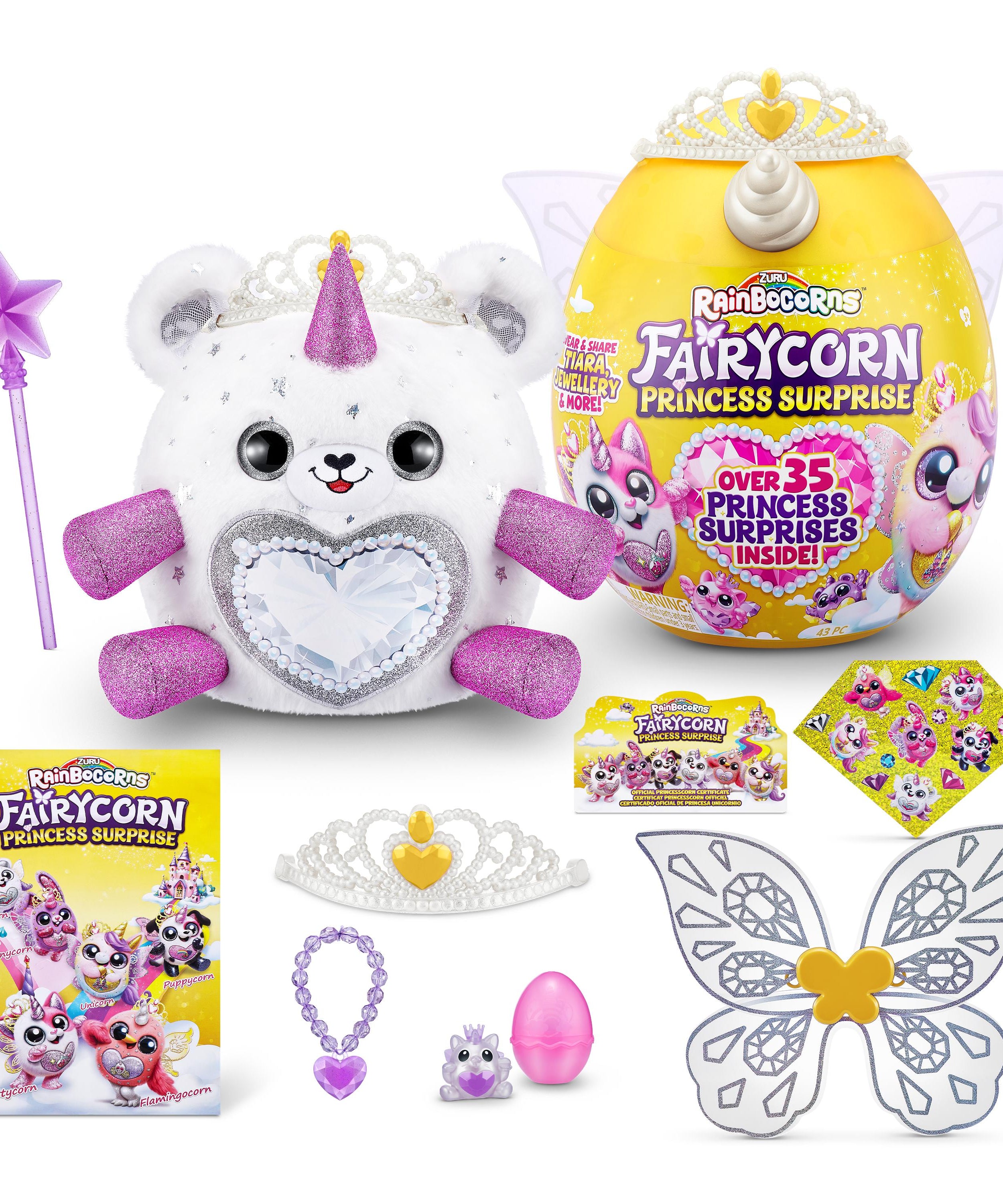 Rainbocorns Fairycorn Princess Surprise (Puppy) 11" Collectible Plush Toy with 35+ Surprises, Fairy Wings, Tiara, Wand, Boo-Boocorn, and Surprise Egg, Soft Toy for Girls Ages 3+