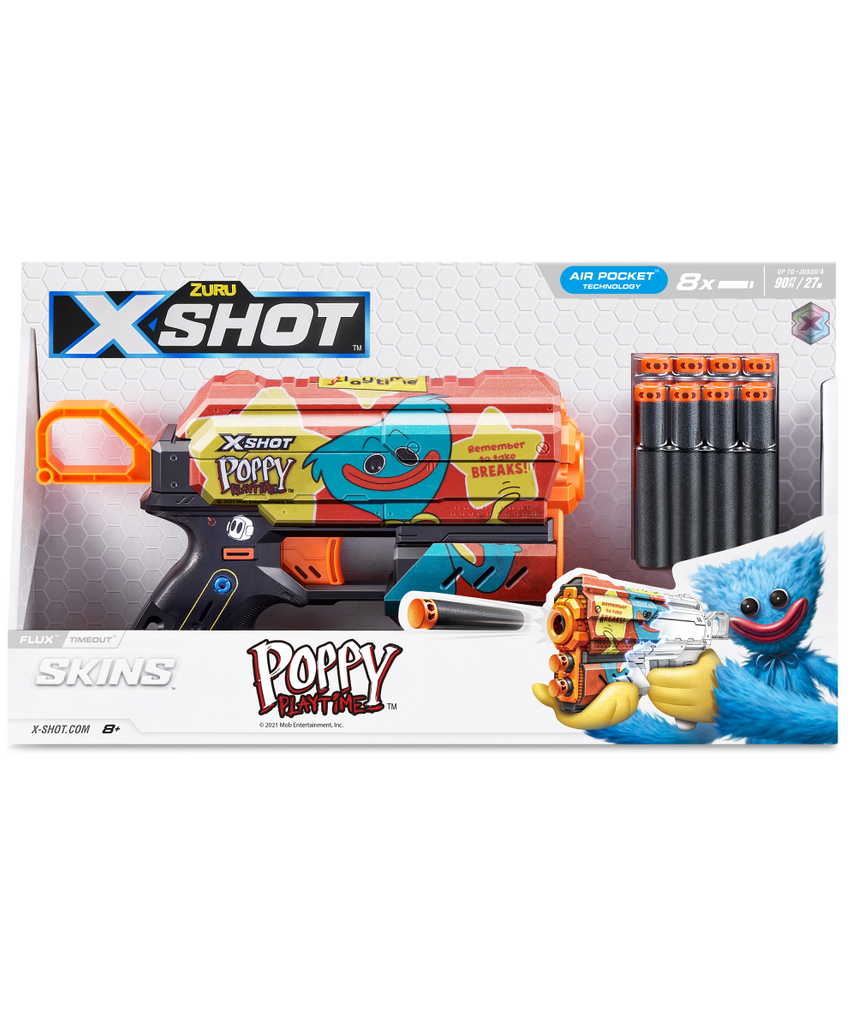 XSHOT Skins Flux, Poppy Playtime Jumpscare Edition (8 Darts), Foam Dart Blaster with Air Pocket Dart Technology, Shoots up to 27m, Collectible Toy Gun for Kids Ages 8+, Boys, Girls, Teens