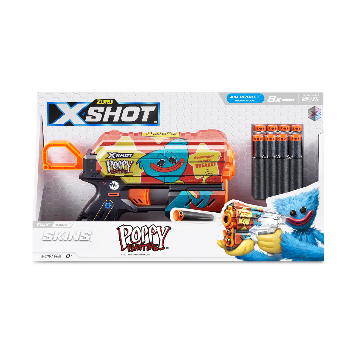XSHOT Skins Flux, Poppy Playtime Jumpscare Edition (8 Darts), Foam Dart Blaster with Air Pocket Dart Technology, Shoots up to 27m, Collectible Toy Gun for Kids Ages 8+, Boys, Girls, Teens