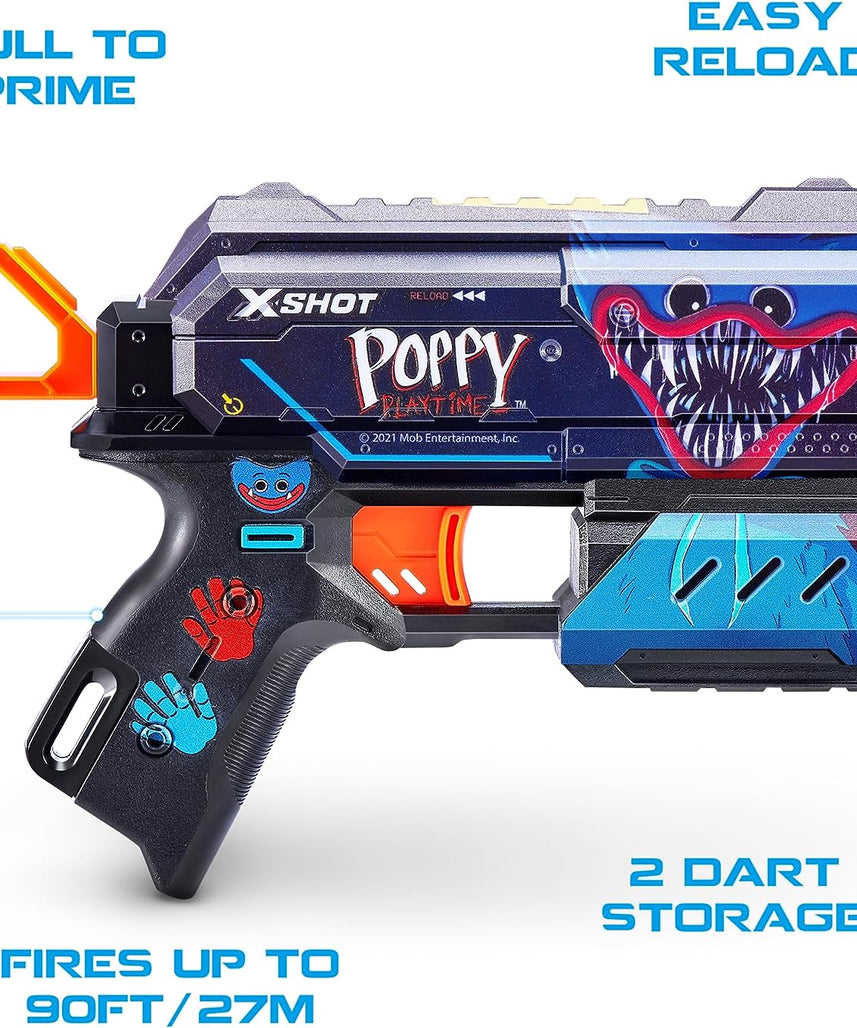 XSHOT Skins Flux, Poppy Playtime Jumpscare Edition (8 Darts), Foam Dart Blaster with Air Pocket Dart Technology, Shoots up to 27m, Collectible Toy Gun for Kids Ages 8+, Boys, Girls, Teens