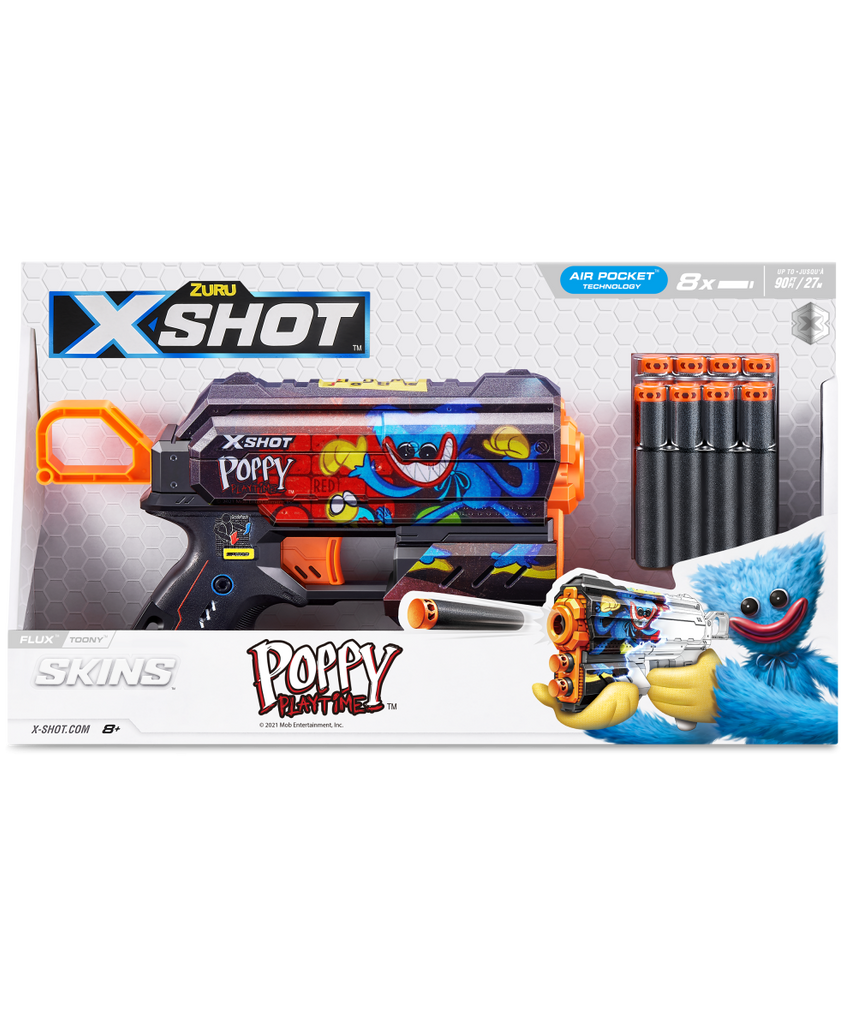 XSHOT Skins Flux, Poppy Playtime Jumpscare Edition (8 Darts), Foam Dart Blaster with Air Pocket Dart Technology, Shoots up to 27m, Collectible Toy Gun for Kids Ages 8+, Boys, Girls, Teens