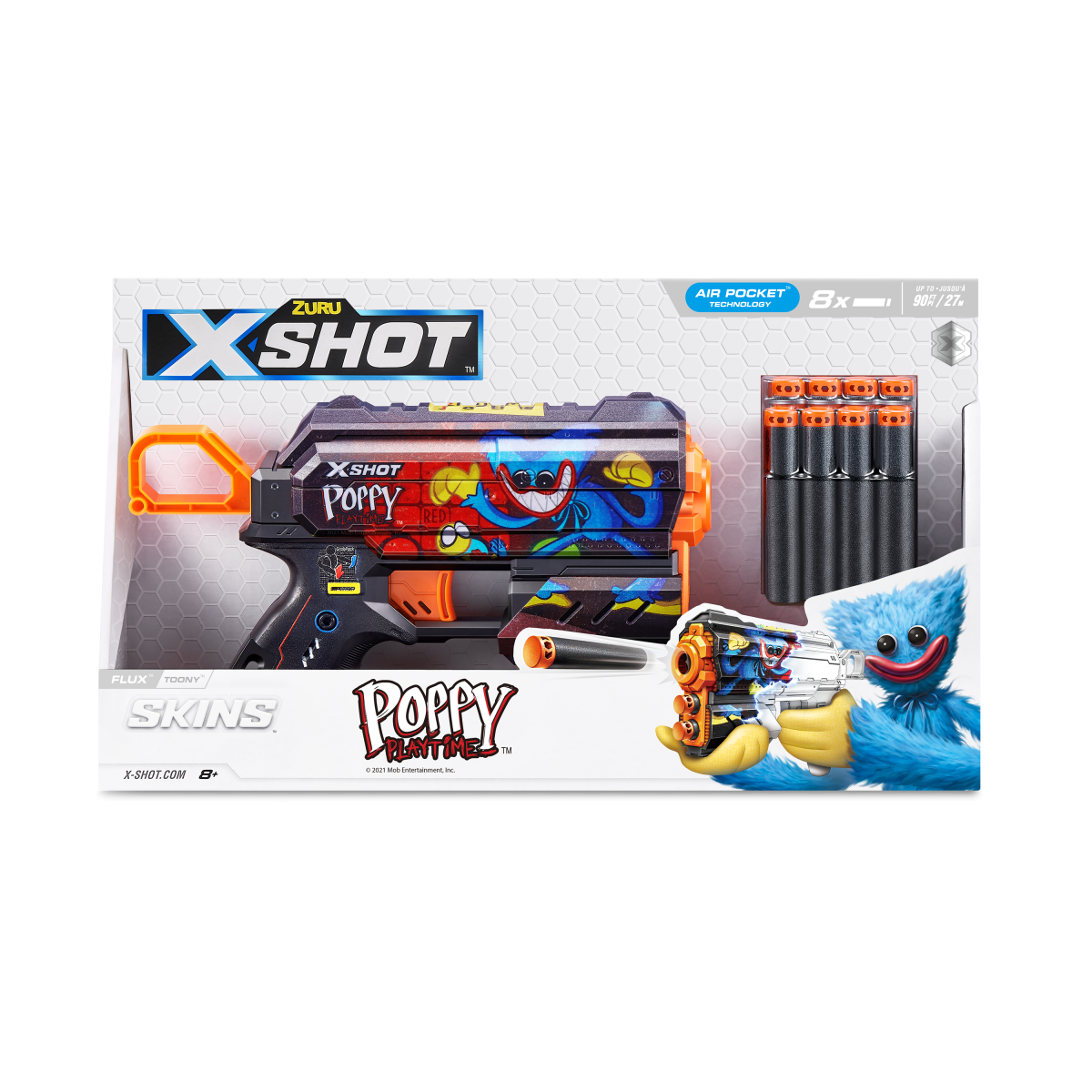 XSHOT Skins Flux, Poppy Playtime Jumpscare Edition (8 Darts), Foam Dart Blaster with Air Pocket Dart Technology, Shoots up to 27m, Collectible Toy Gun for Kids Ages 8+, Boys, Girls, Teens