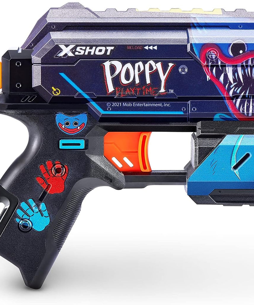XSHOT Skins Flux, Poppy Playtime Jumpscare Edition (8 Darts), Foam Dart Blaster with Air Pocket Dart Technology, Shoots up to 27m, Collectible Toy Gun for Kids Ages 8+, Boys, Girls, Teens
