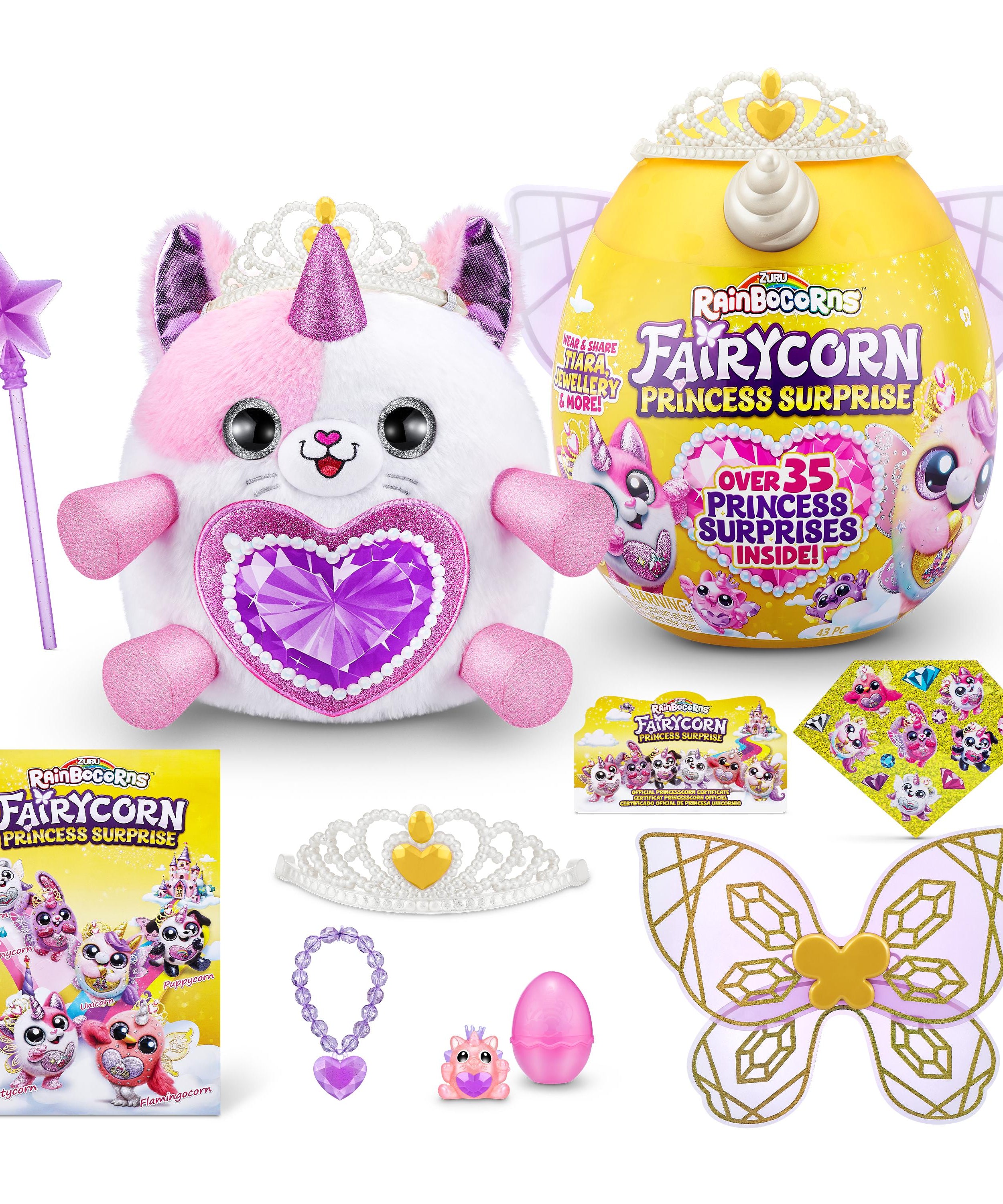 Rainbocorns Fairycorn Princess Surprise (Puppy) 11" Collectible Plush Toy with 35+ Surprises, Fairy Wings, Tiara, Wand, Boo-Boocorn, and Surprise Egg, Soft Toy for Girls Ages 3+