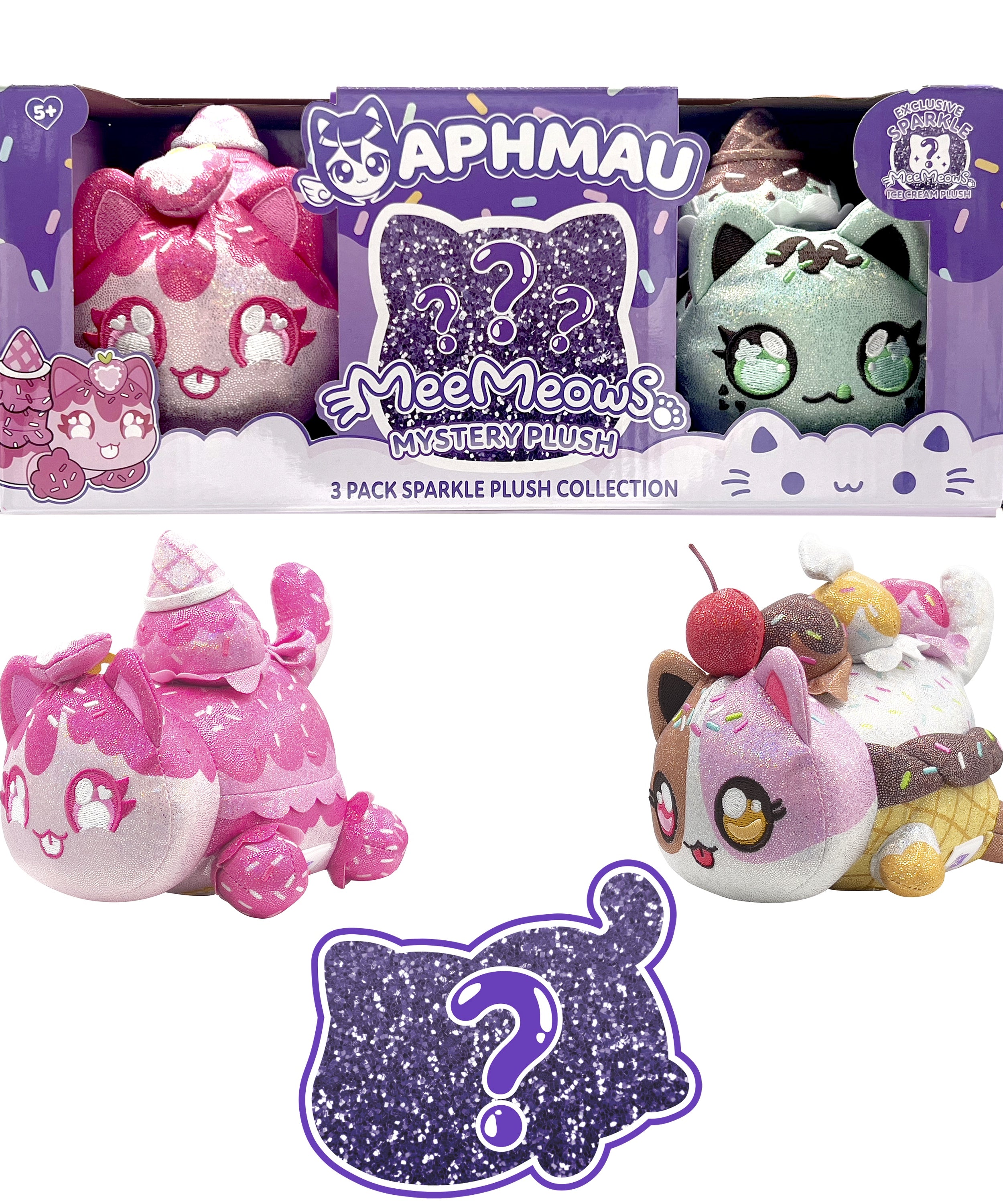 Aphmau MeeMeow Plush 3-Pack Sparkle Ice Cream Edition, 6 Inch Collectible Cat Plush Toys, Soft & Cuddly Gift for Kids, Ages 5+