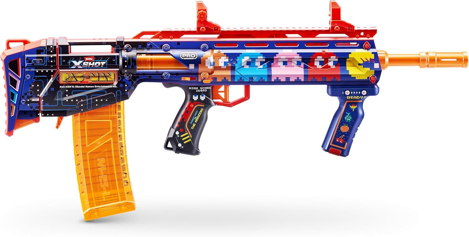 XShot Skins Pro Pac-Man Long Shot Blaster, 40 Darts, Slam Fire, Retro Skin, 2 Quick Clips, Half & Full-Length Ammo, Air Pocket Foam Tech, 66ft Range for Boys, Age 14+