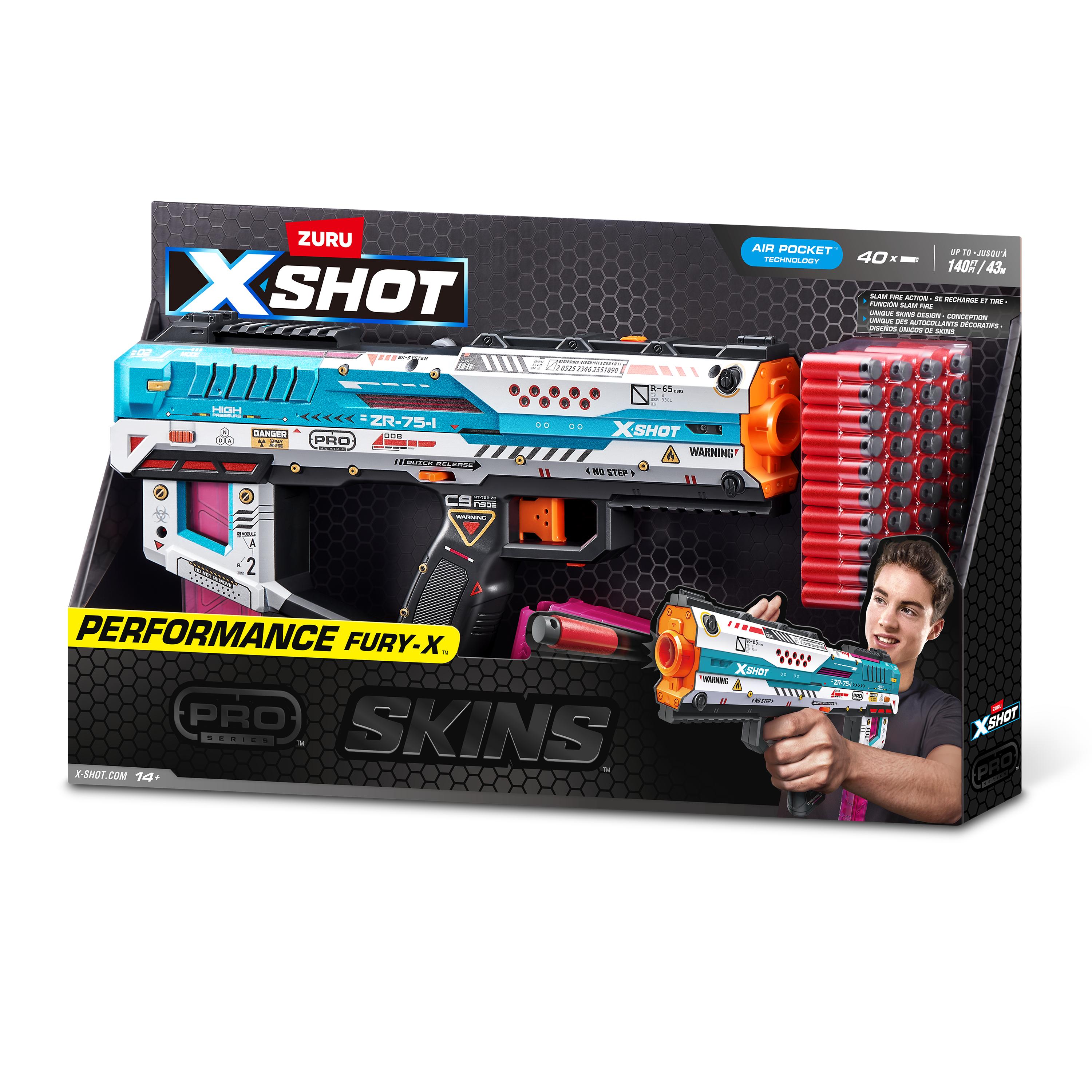 XSHOT Skins Pro Series Fury X Blaster Toy Gun for Boys & Teens, Age 14+, 40 Foam Half Darts, Slam Fire Action, 20-Dart Quick-Release Clip, Air Pocket Technology, 140ft Range
