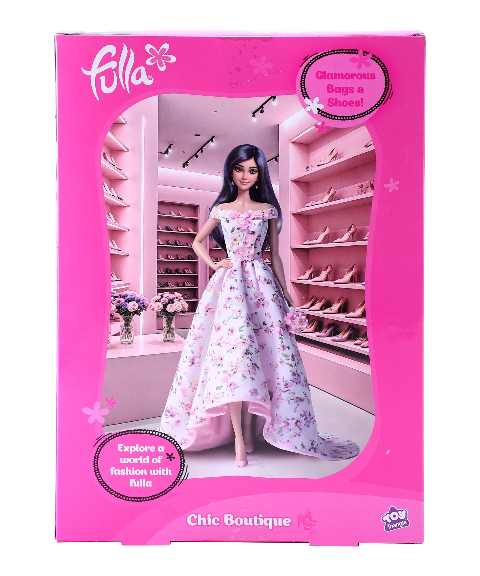 Fulla Chic Boutique Doll, Fashion Doll with 10 Pairs of Shoes, Handbags, Ankle Boots & Shoe Shelf for Creative Dress-Up Play for Girls, Age 3+