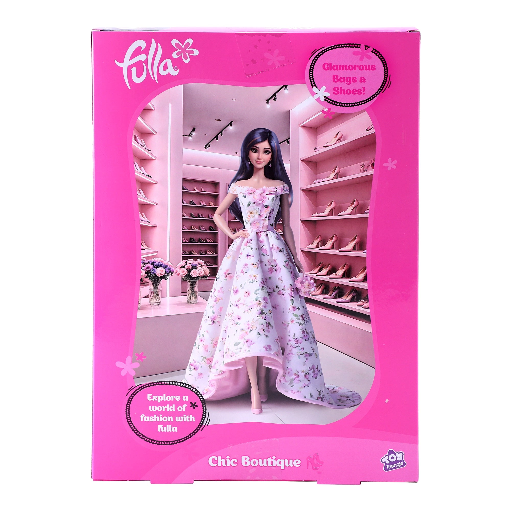 Fulla Chic Boutique Doll, Fashion Doll with 10 Pairs of Shoes, Handbags, Ankle Boots & Shoe Shelf for Creative Dress-Up Play for Girls, Age 3+