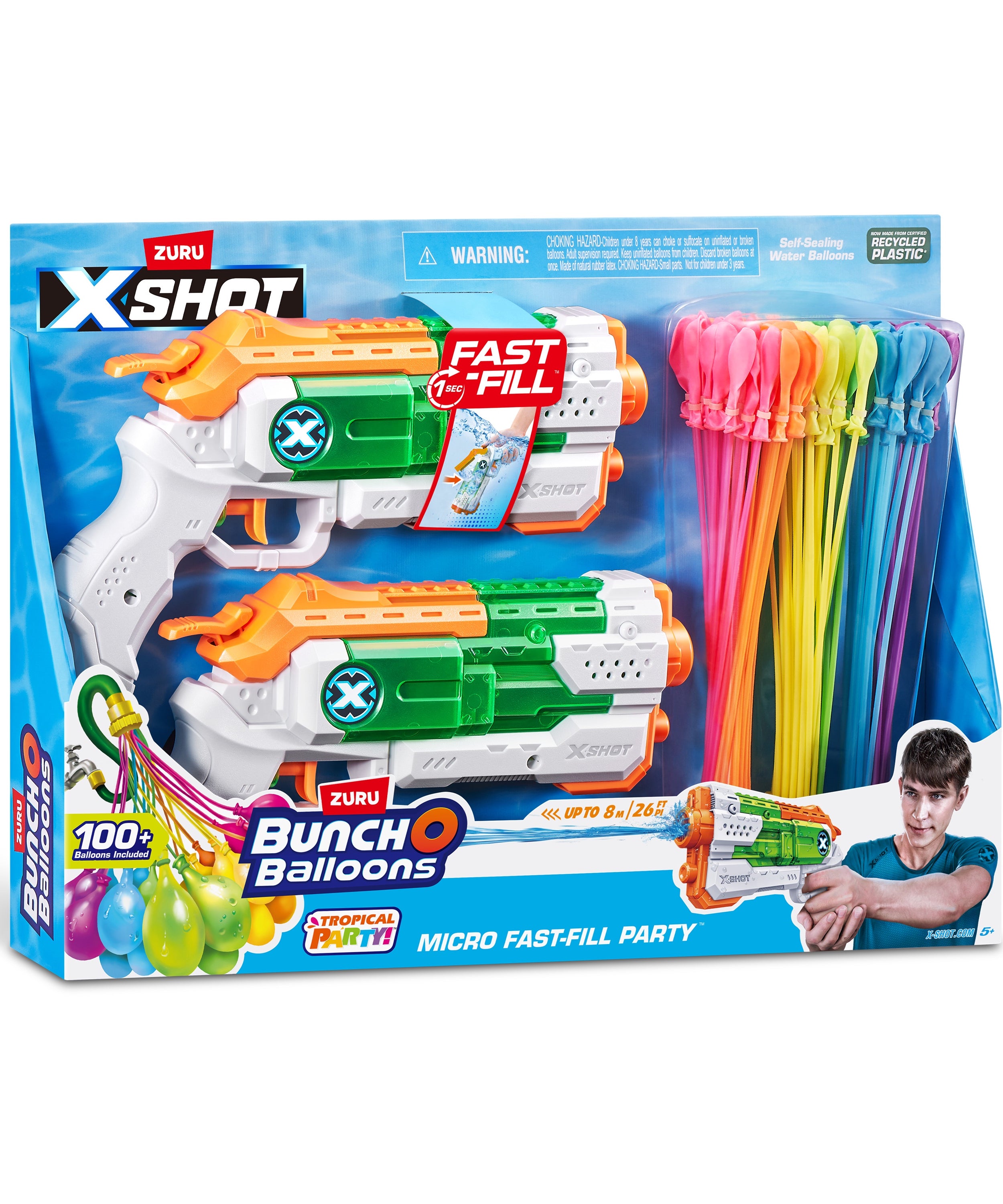 X-Shot Water Combo Fast Fill Blaster Set with 2 Micro Water Guns and 3 Tropical Party Bunch O Balloons, Quick Fill and Tie 100 Balloons in 60 Seconds, Outdoor Summer Water Toy Pack for Kids Age 6+