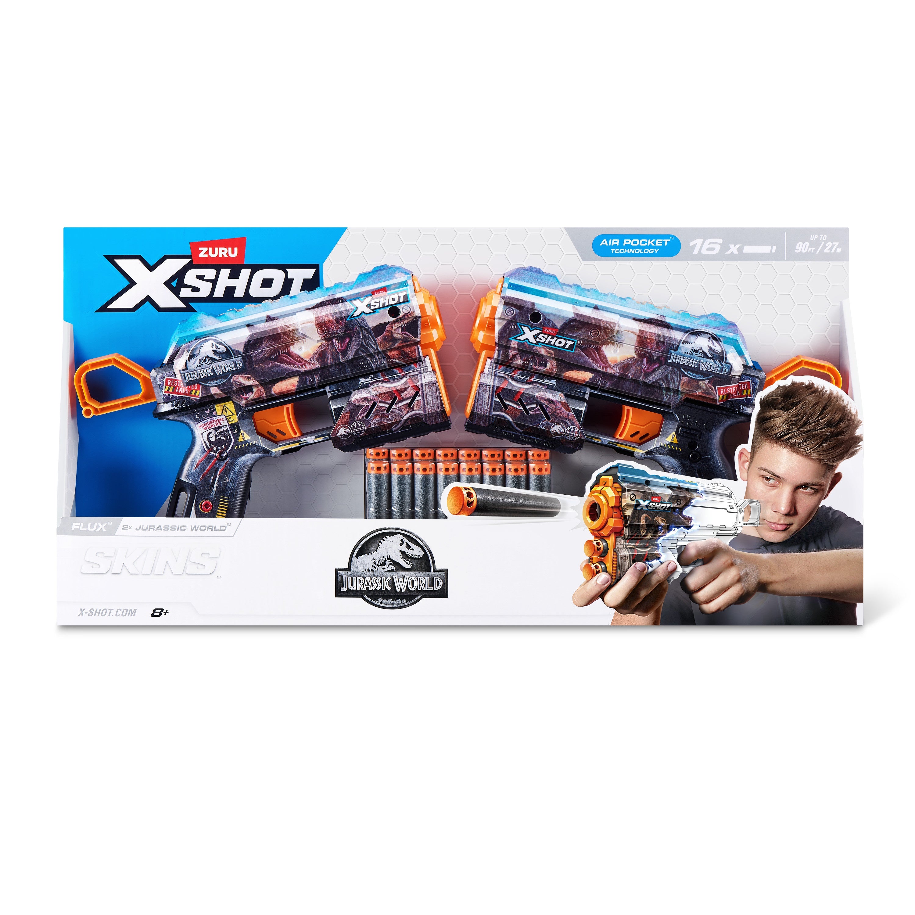 Title: Jurassic Flux Combo 2 Pack Dart Blaster with Dinosaur Skins, Air Pocket Darts, Single Shot with Storage, Recoil Action, Fires 27m/90ft, Includes 16 Foam Darts, Ages 8 and Up