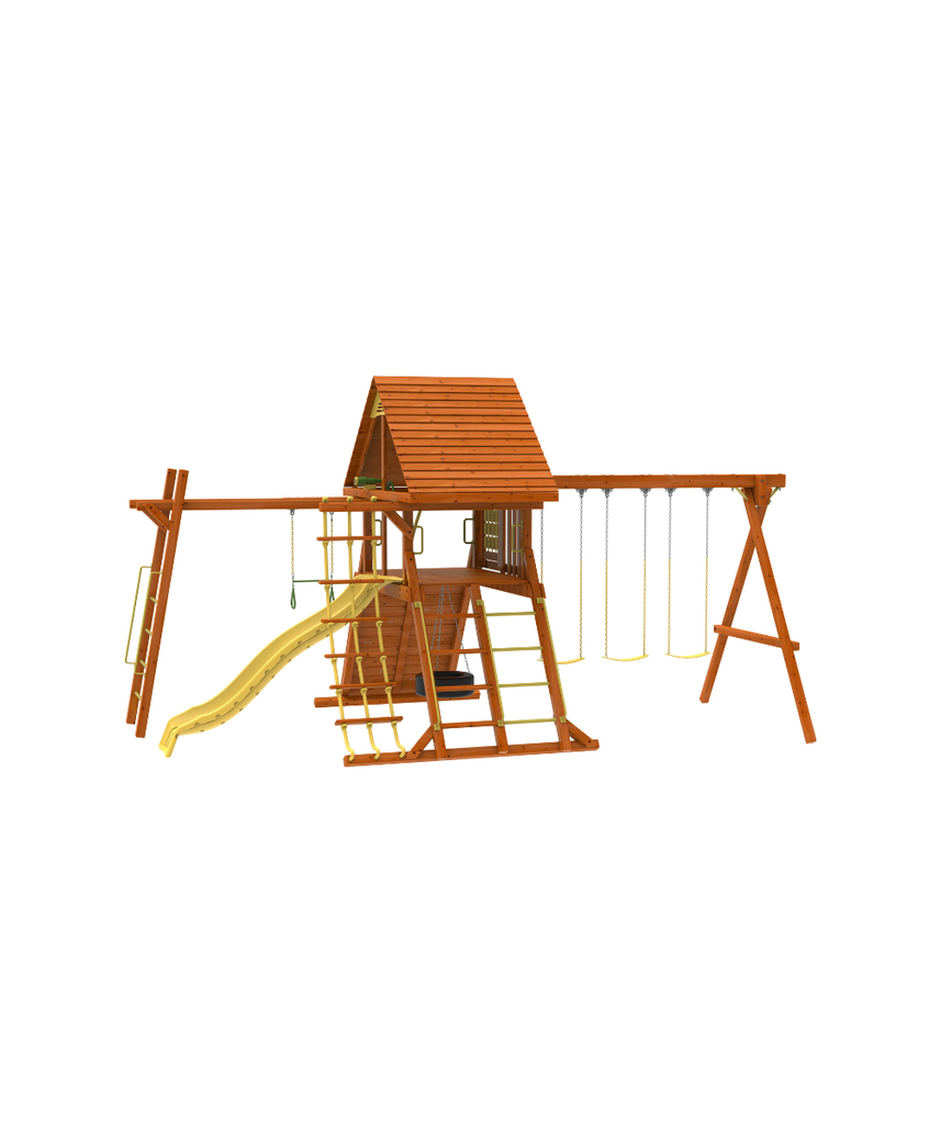 Kiddoro Discovery Den with Monkey Bars Wooden Swing Set, Backyard Playground with Slide, Swings, Climbing Wall & Clubhouse, Kids 2+ Years
