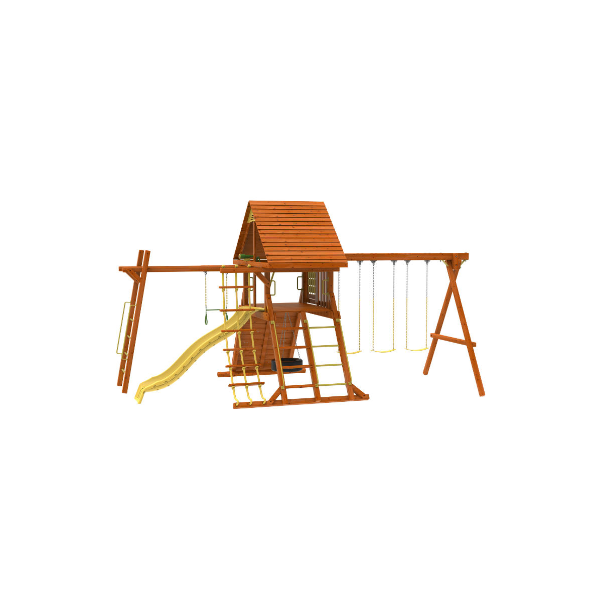 Kiddoro Discovery Den with Monkey Bars Wooden Swing Set, Backyard Playground with Slide, Swings, Climbing Wall & Clubhouse, Kids 2+ Years