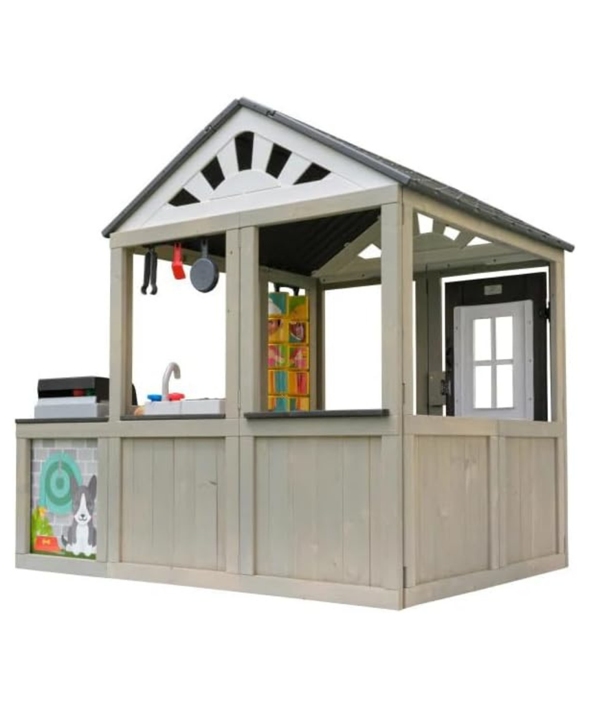 KidKraft Patio Party Wooden Outdoor Playhouse with Spinner Block Puzzle, 14pc, Backyard Playhouse for Kids Ages 3 and Up, Role Play Grill, Sink and Interactive Accessories