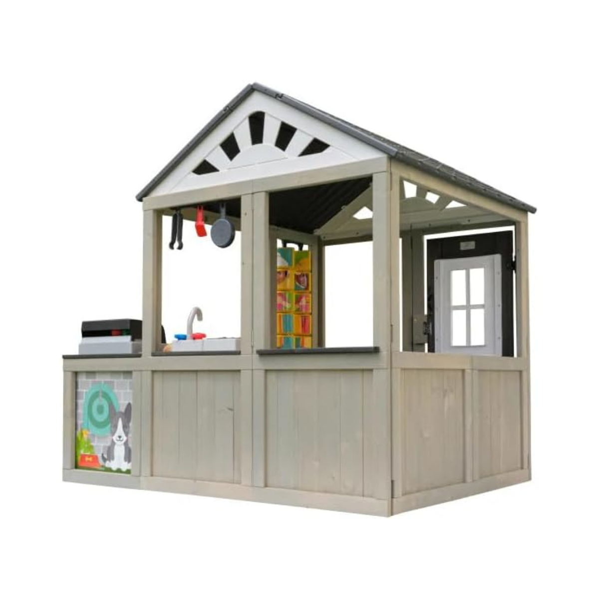 KidKraft Patio Party Wooden Outdoor Playhouse with Spinner Block Puzzle, 14pc, Backyard Playhouse for Kids Ages 3 and Up, Role Play Grill, Sink and Interactive Accessories