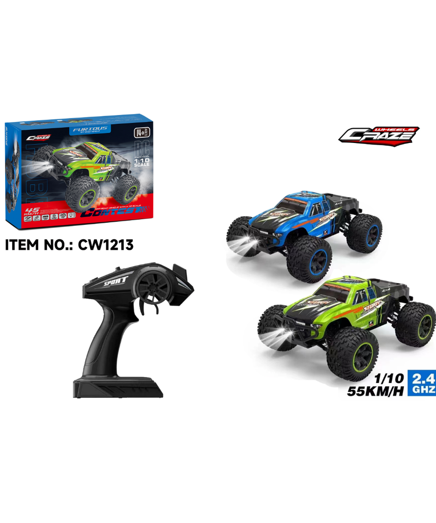 Crazon 2.4GHz RC High Speed Off Road Truck 1:10 Scale 4WD Remote Control Car RTR, 55kmh Fast Racing Monster Truck with LED Lights, Assorted Color, Ages 14+