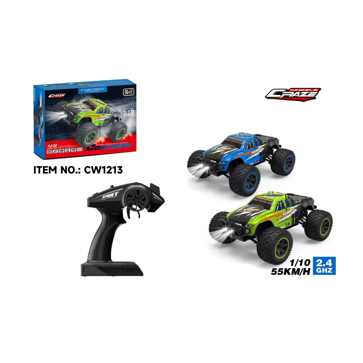 Crazon 2.4GHz RC High Speed Off Road Truck 1:10 Scale 4WD Remote Control Car RTR, 55kmh Fast Racing Monster Truck with LED Lights, Assorted Color, Ages 14+
