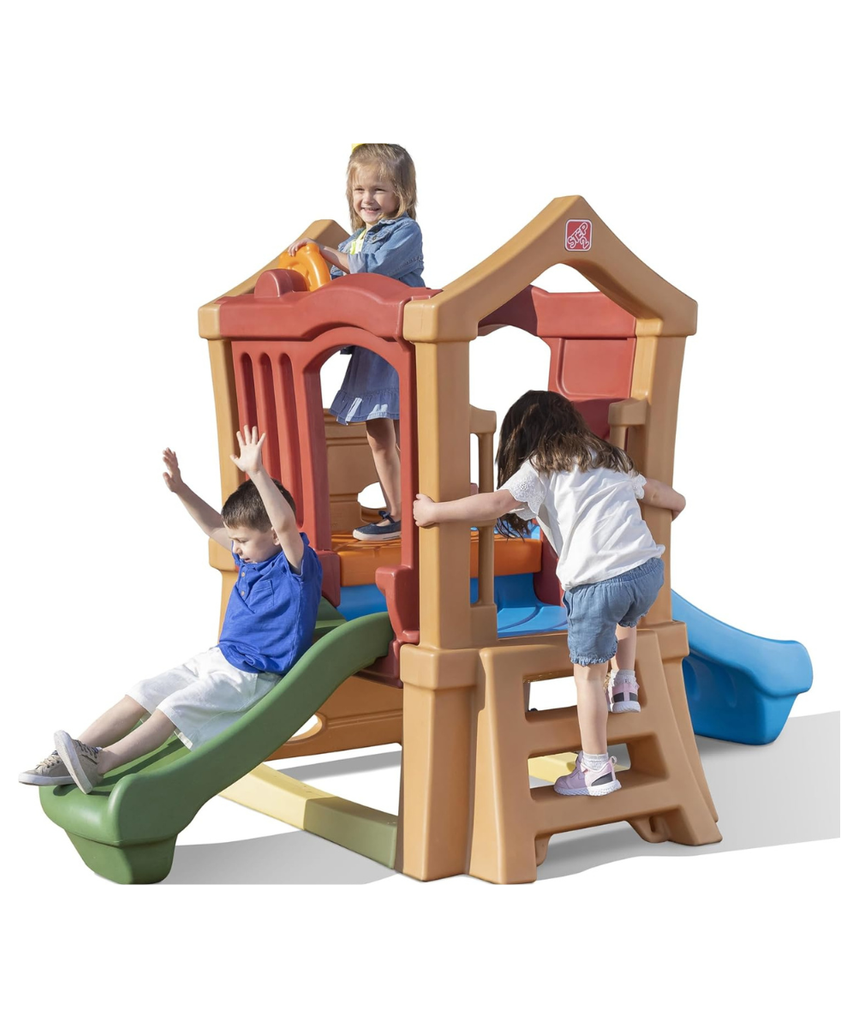 Step2 Double Slide Climber, Brown, Two-Tier Outdoor Climber with Ladder, Rock Wall & Rotating Steering Wheel