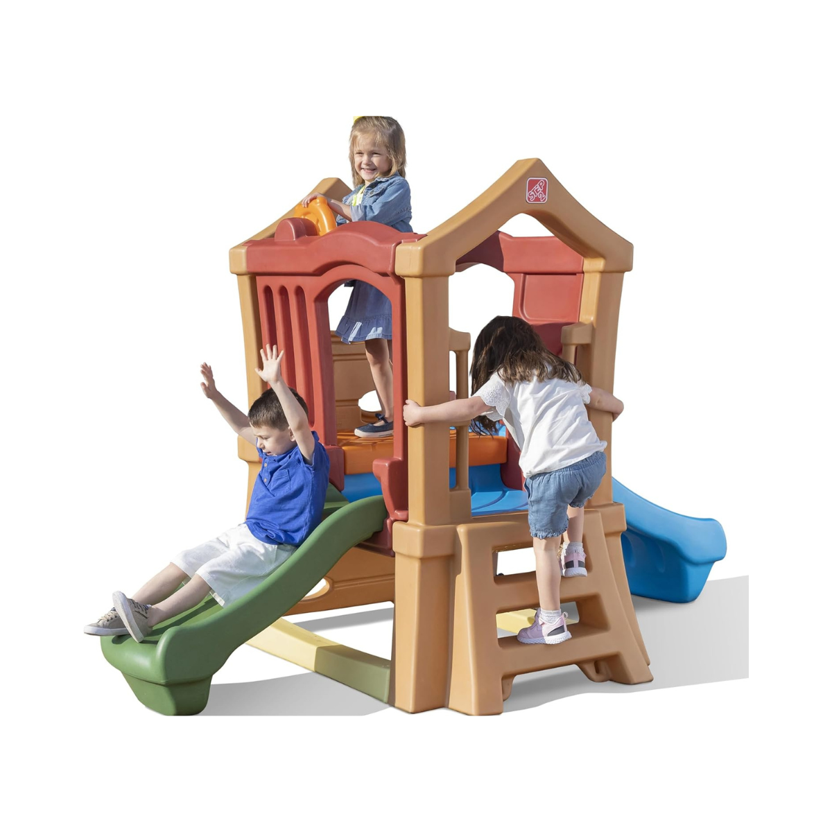 Step2 Double Slide Climber, Brown, Two-Tier Outdoor Climber with Ladder, Rock Wall & Rotating Steering Wheel