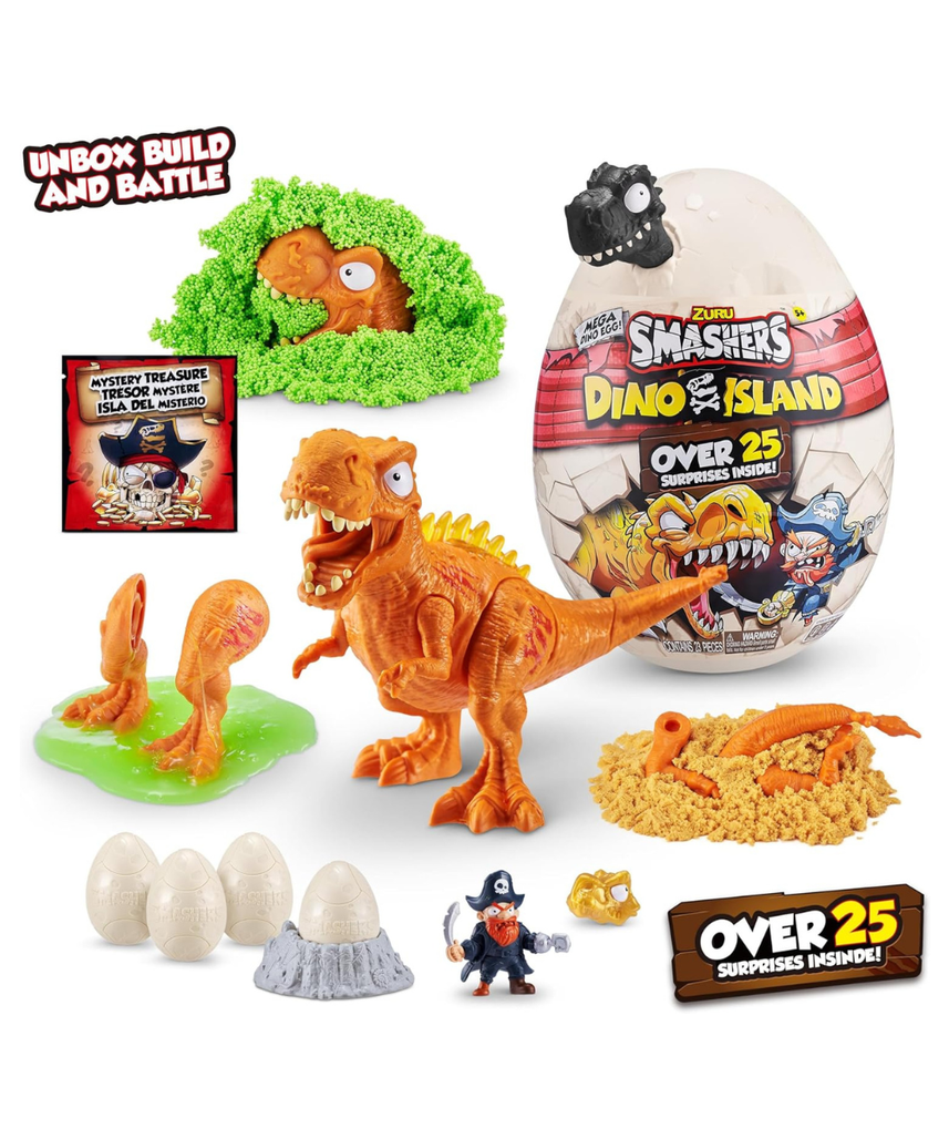 Zuru Smashers Mega Dino Combo Pack Dino Island and Jurassic Light Up Dino Egg with 25+ Surprises Slime Sand Foam Mini Eggs Buildable Dinosaurs Light Up and Roaring Features Collectible Toy Playset for Kids 5+