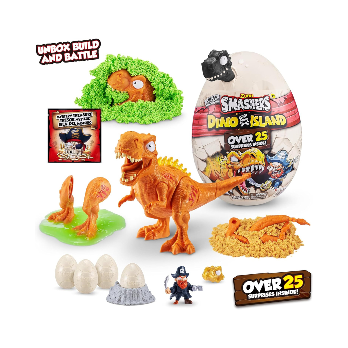 Zuru Smashers Mega Dino Combo Pack Dino Island and Jurassic Light Up Dino Egg with 25+ Surprises Slime Sand Foam Mini Eggs Buildable Dinosaurs Light Up and Roaring Features Collectible Toy Playset for Kids 5+