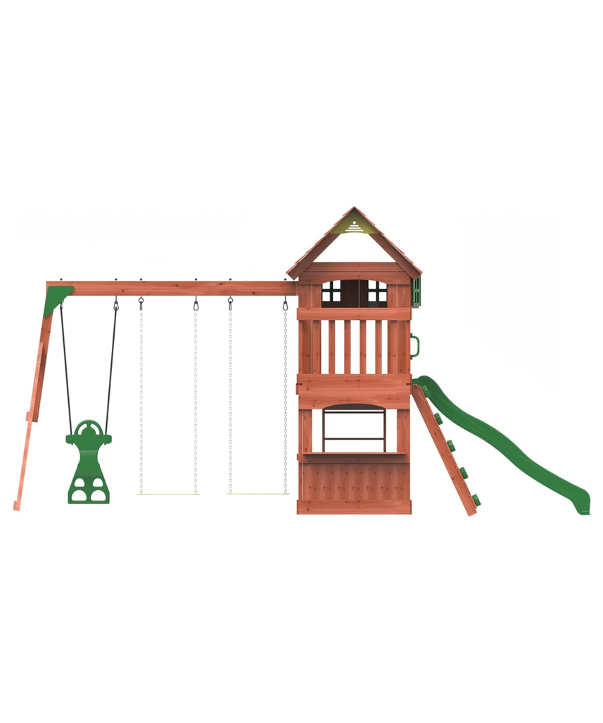 Kiddoro Playful Peaks Wooden Outdoor Playset with Slide, Swings, Glider & Climbing Wall for Kids 3+ Years