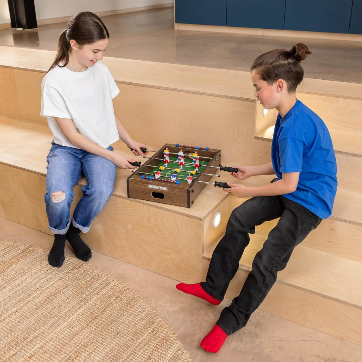 Power Play TY5893DB Table Top Football Foosball Game, 20 Inch Compact Game Table for Boys and Girls 5+, Sturdy Wooden Construction, Smooth Rotating Rods, Manual Score Tracker, Indoor Family Fun