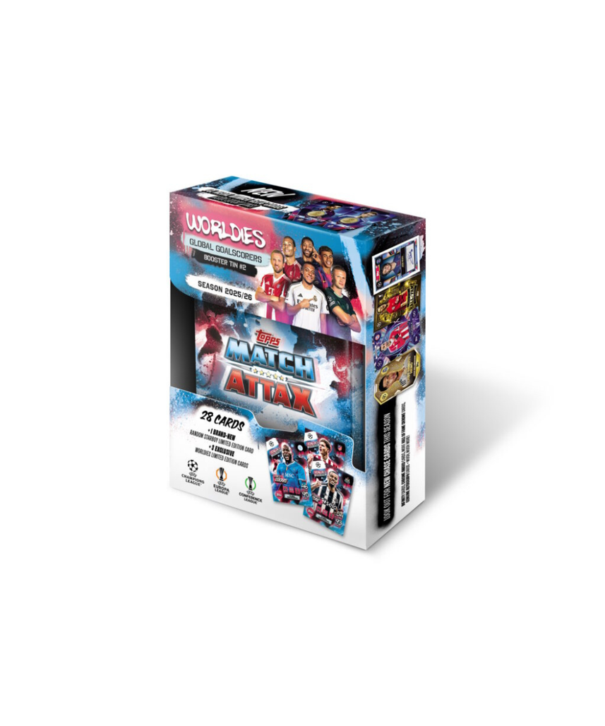 Topps Match Attax UCC 2025 2026 Mini Tin Collectible Football Trading Cards with 32 Cards and Exclusive Worldies Limited Editions, Official UEFA Licensed, Assorted Tin